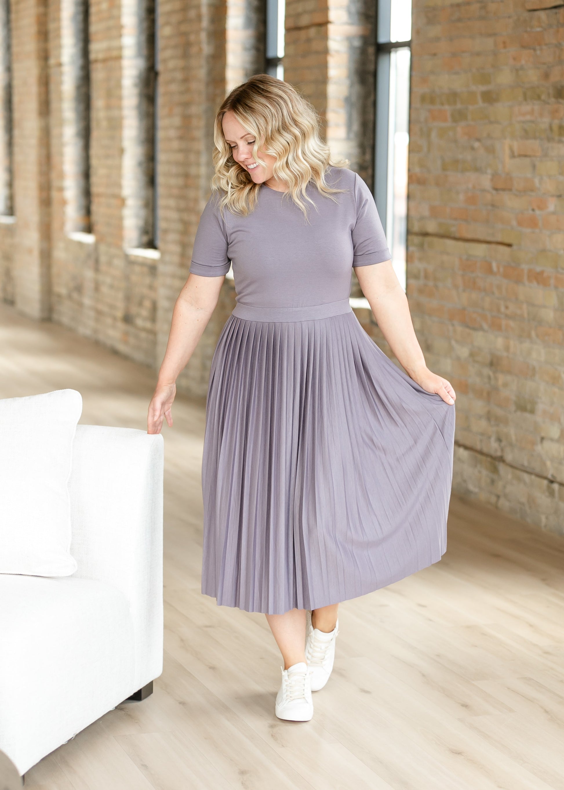 purple pleated midi dress Lilac Coast Crepe Bodice Long Sleeve Pleated Midi Dress