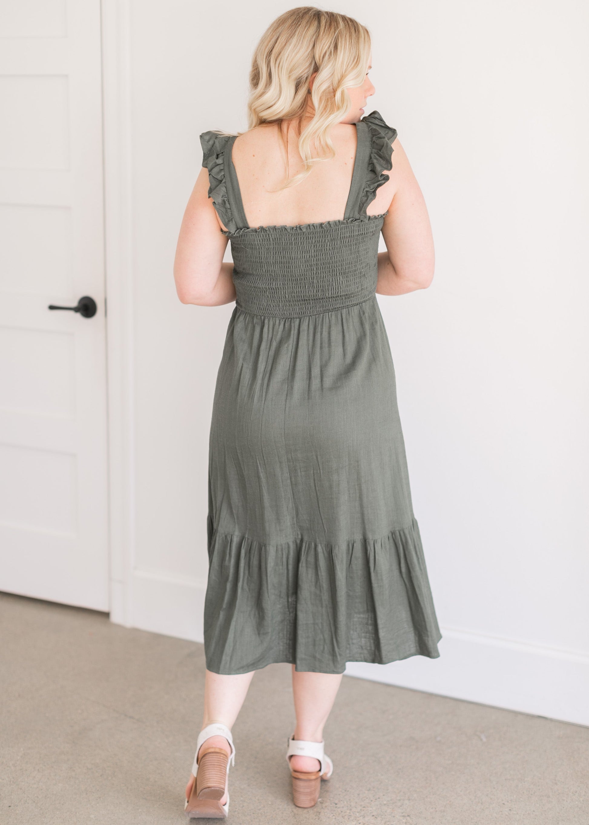 Empire Waist Smocked Olive Midi Dress Dresses