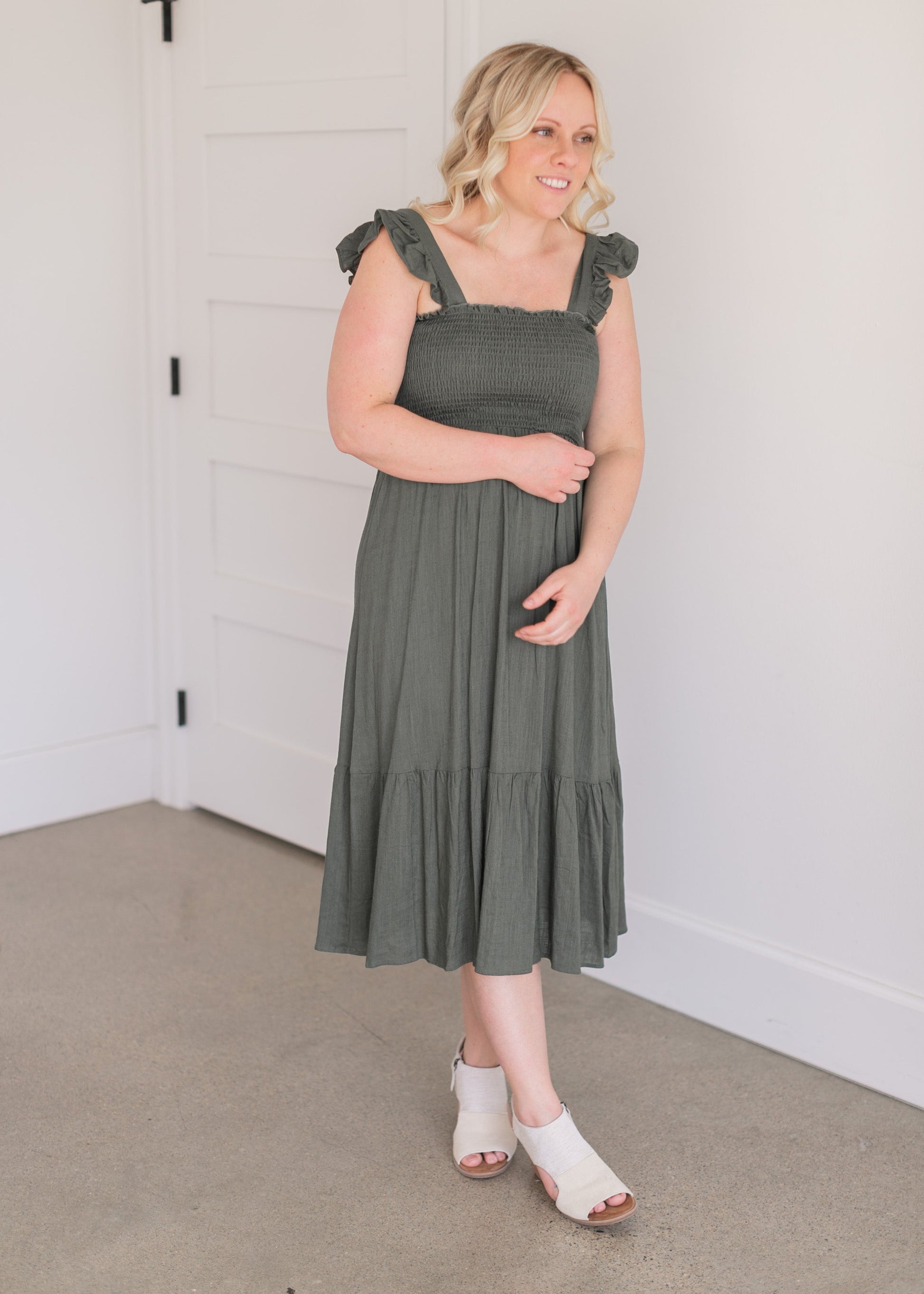 Empire Waist Smocked Olive Midi Dress Dresses
