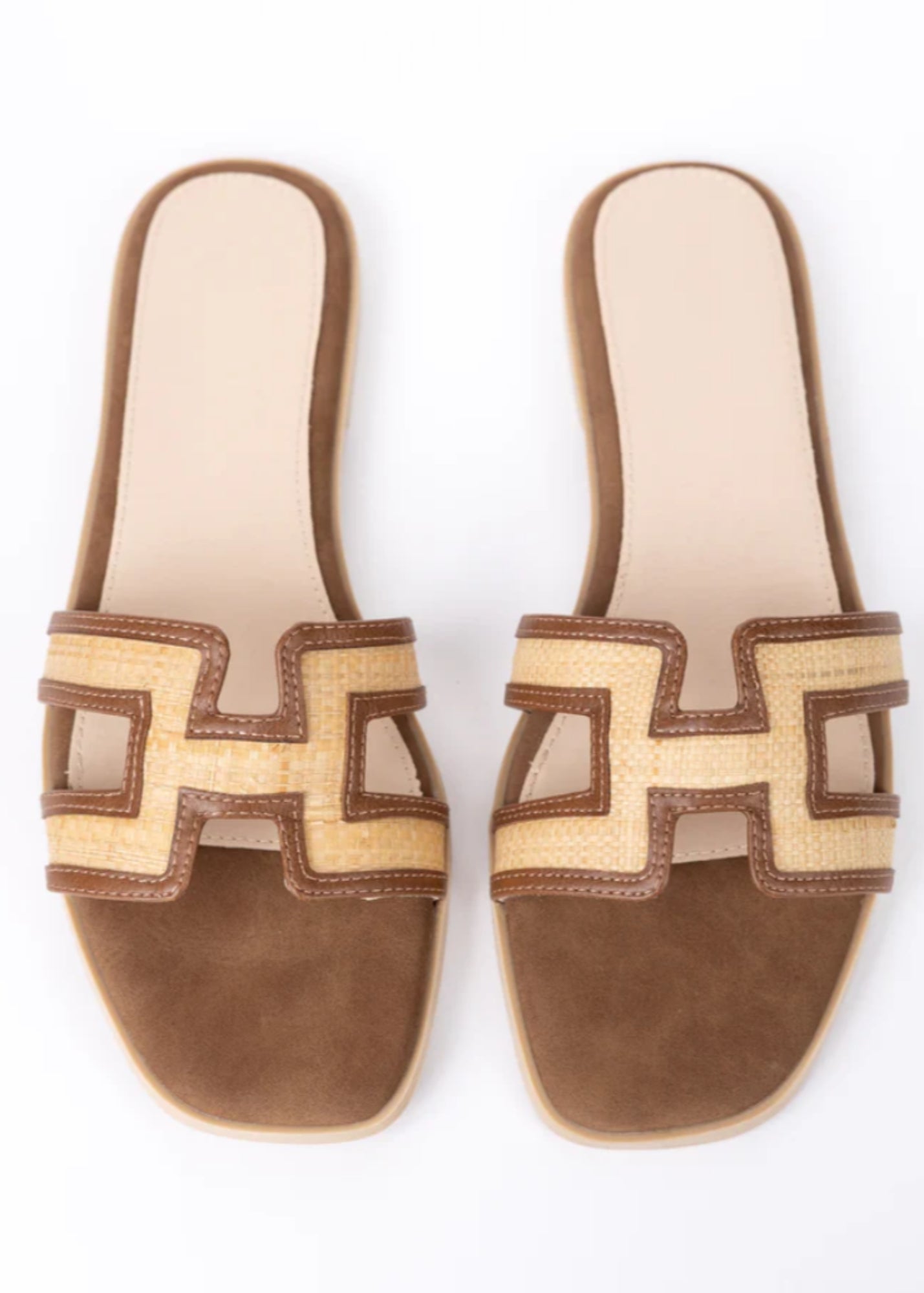 Ena Brown Cutout Raffia Slide Shoes
