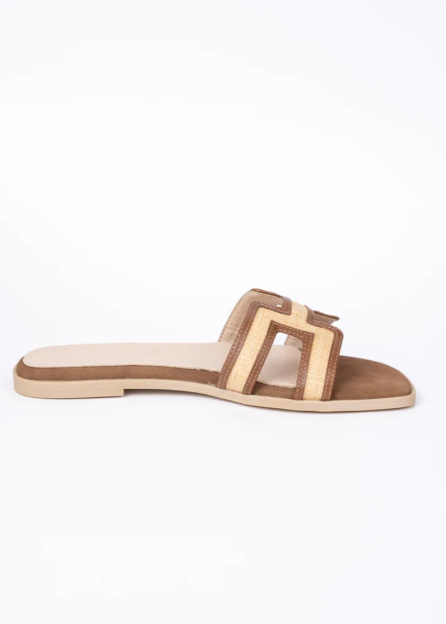 Ena Brown Cutout Raffia Slide Shoes