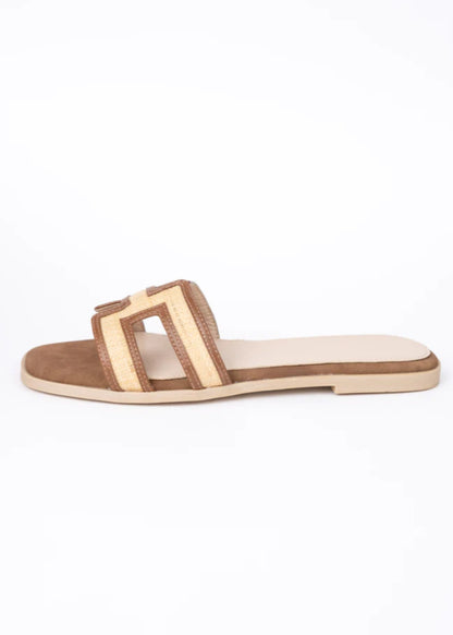 Ena Brown Cutout Raffia Slide Shoes