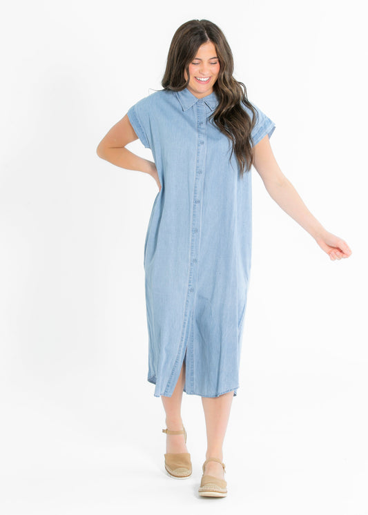 Energize Button Chambray Shirt Dress FF Dresses