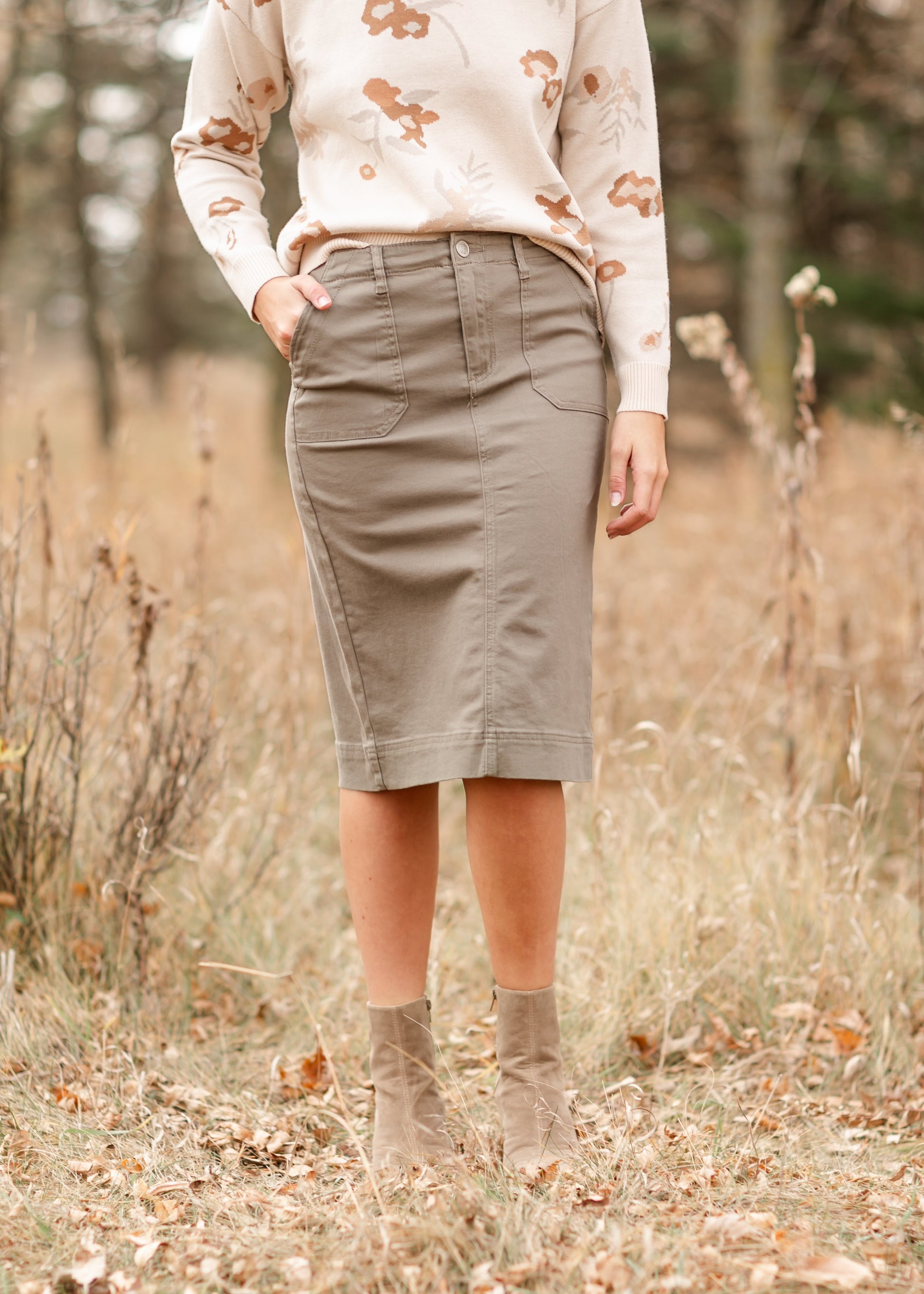 Outfit Khaki Pencil Skirt Easy Cotton Twill Long Khaki Pencil