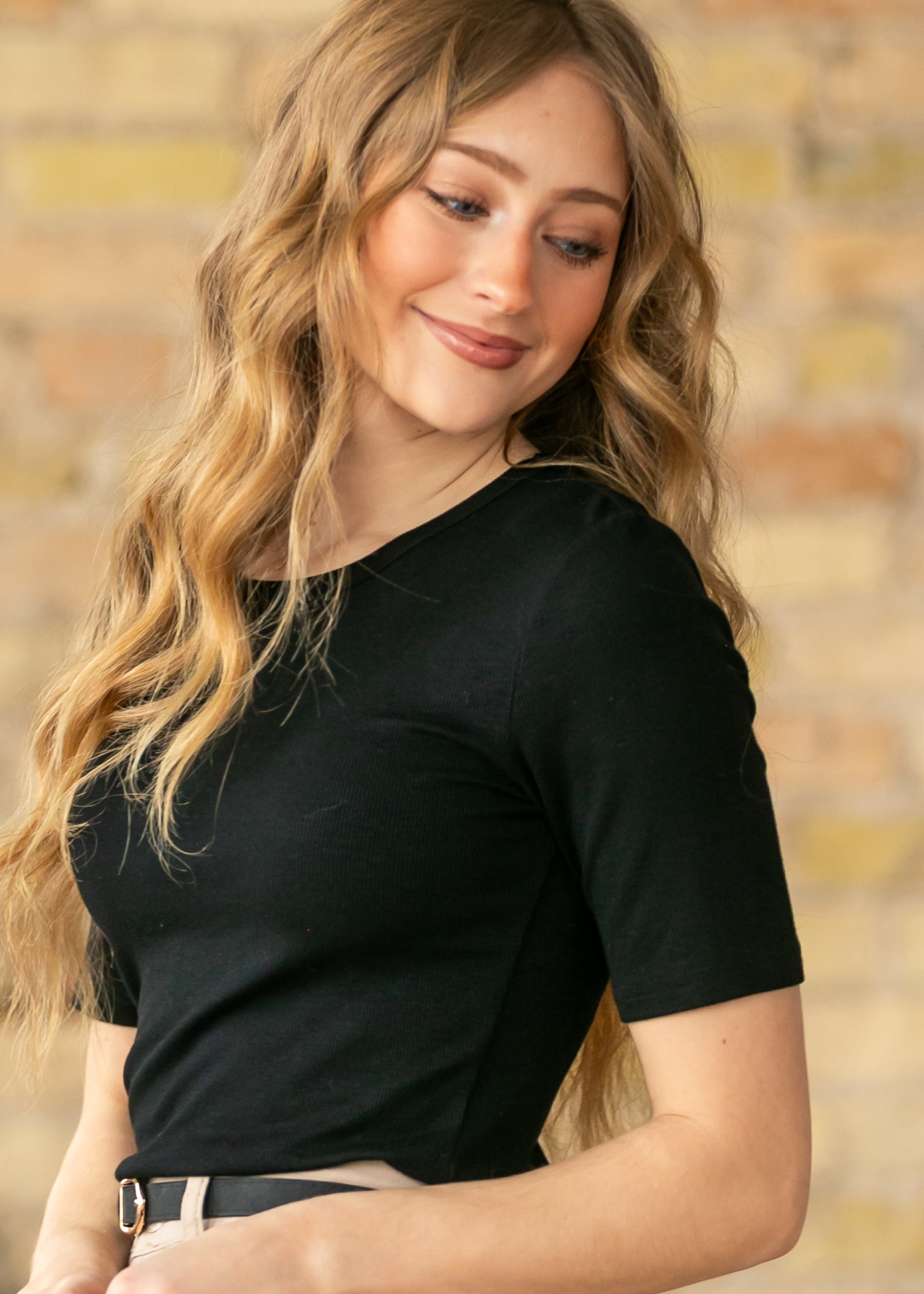 Essential Black Ribbed Half Sleeve Tee IC Tops