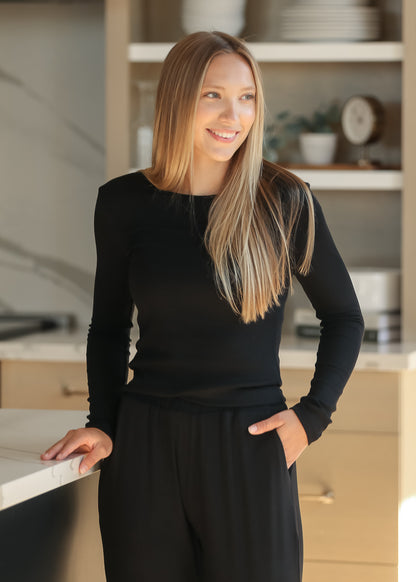 Essential Black Ribbed Long Sleeve IC Tops