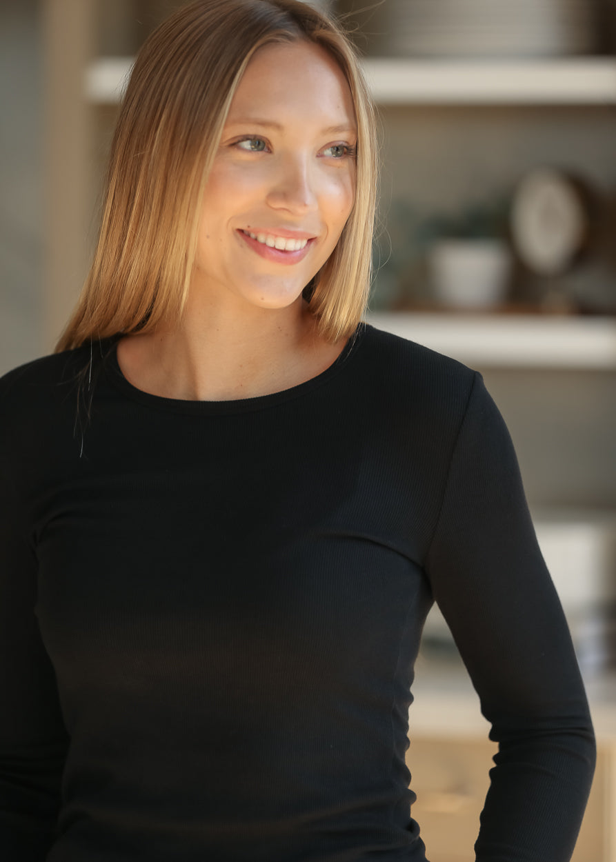 Essential Black Ribbed Long Sleeve IC Tops