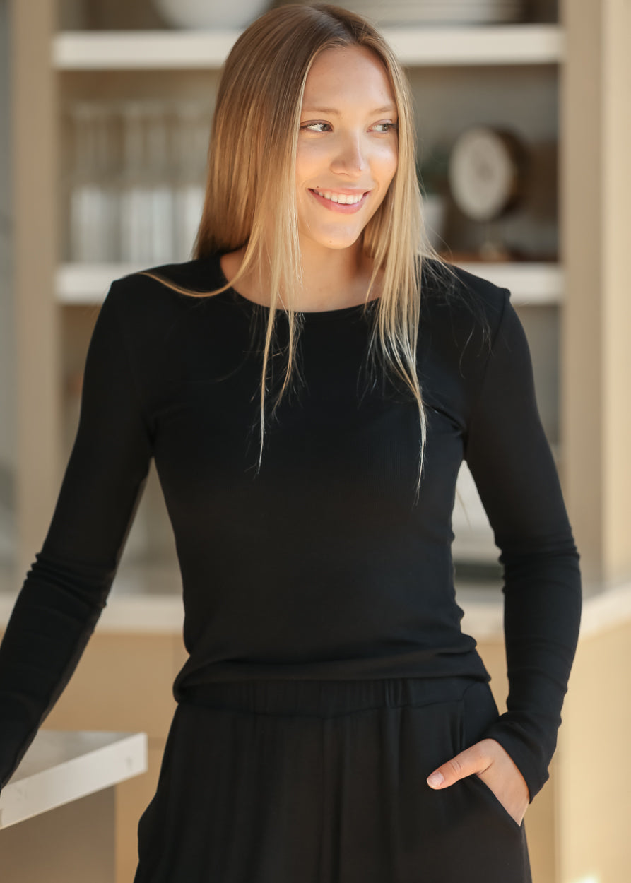 Essential Black Ribbed Long Sleeve IC Tops