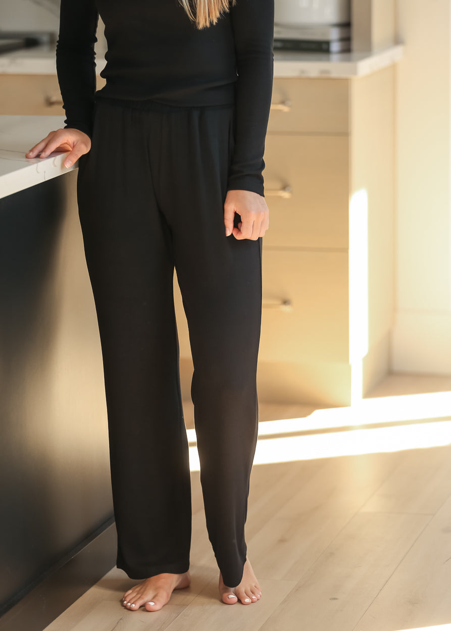 Essential Black Ribbed Wide Leg Pants IC Pants