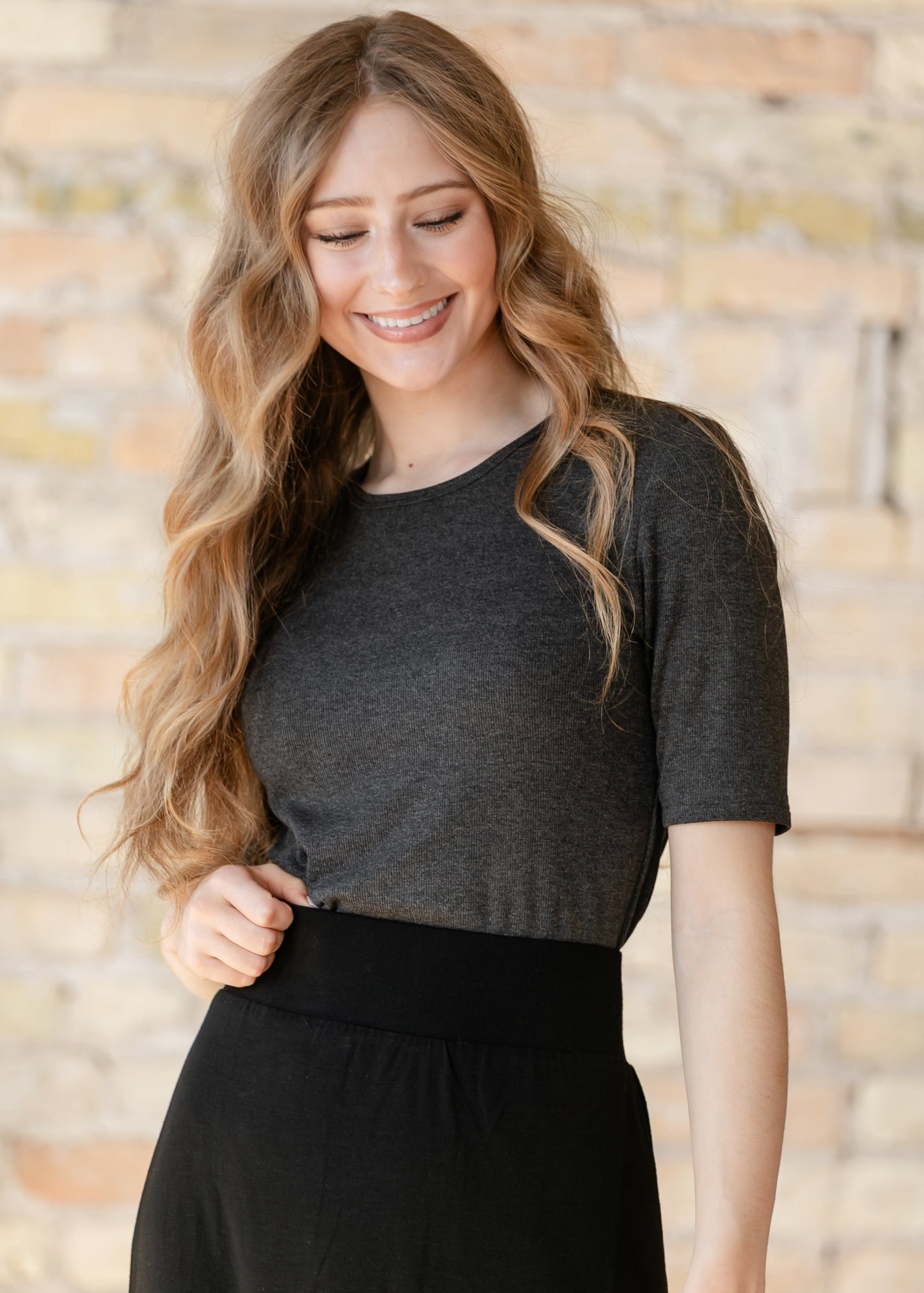 Essential Charcoal Ribbed Half Sleeve Tee IC Tops