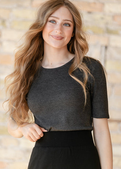 Essential Charcoal Ribbed Half Sleeve Tee IC Tops