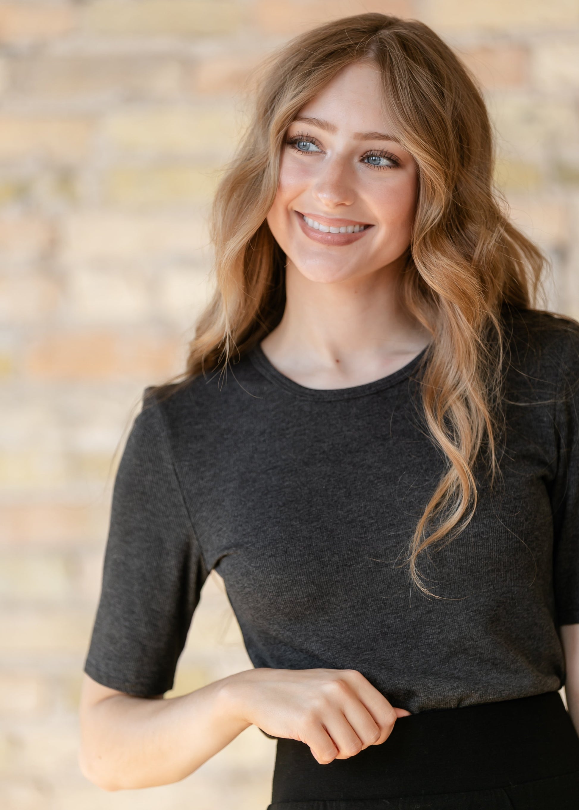 Essential Charcoal Ribbed Half Sleeve Tee IC Tops