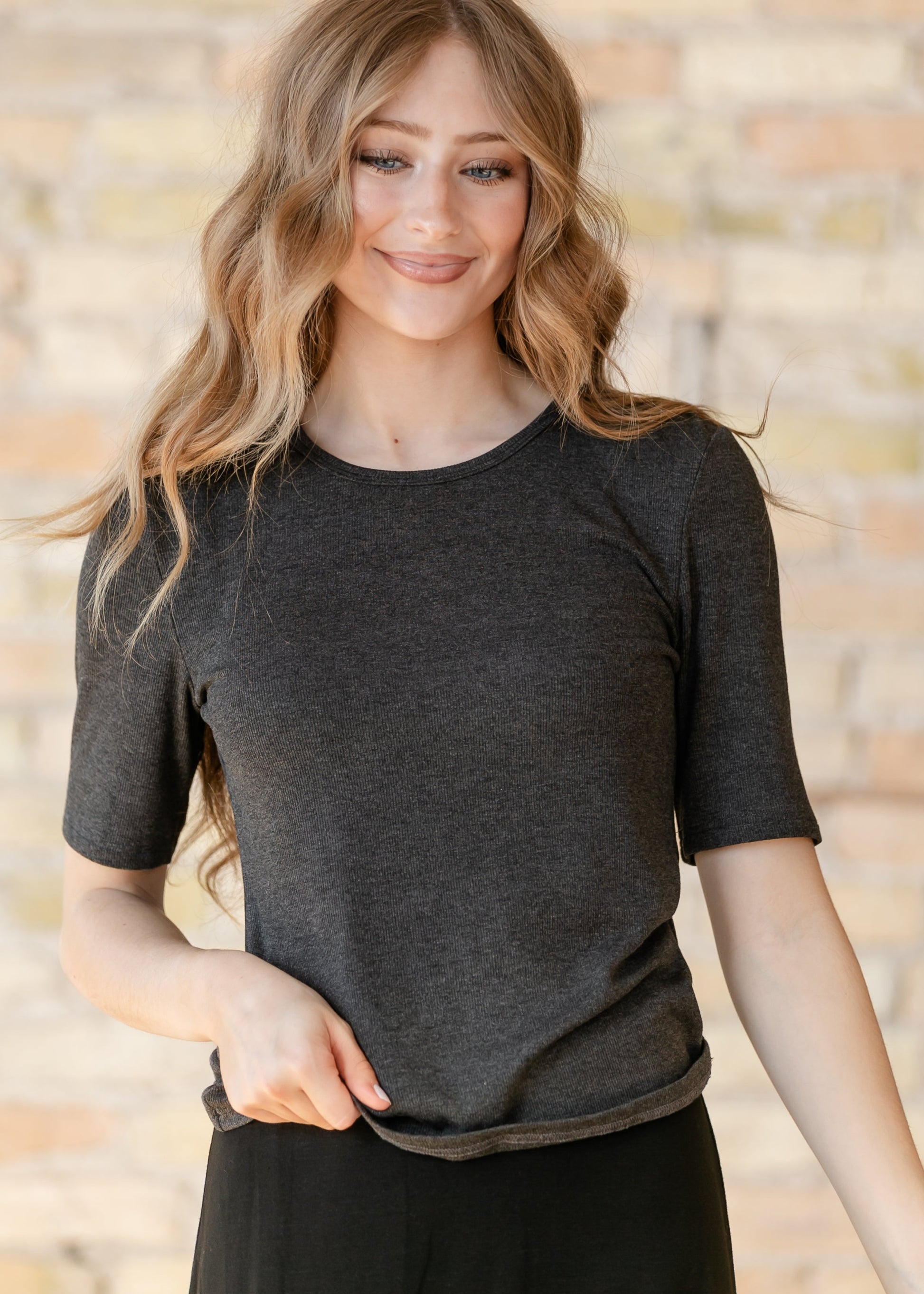 Essential Charcoal Ribbed Half Sleeve Tee IC Tops