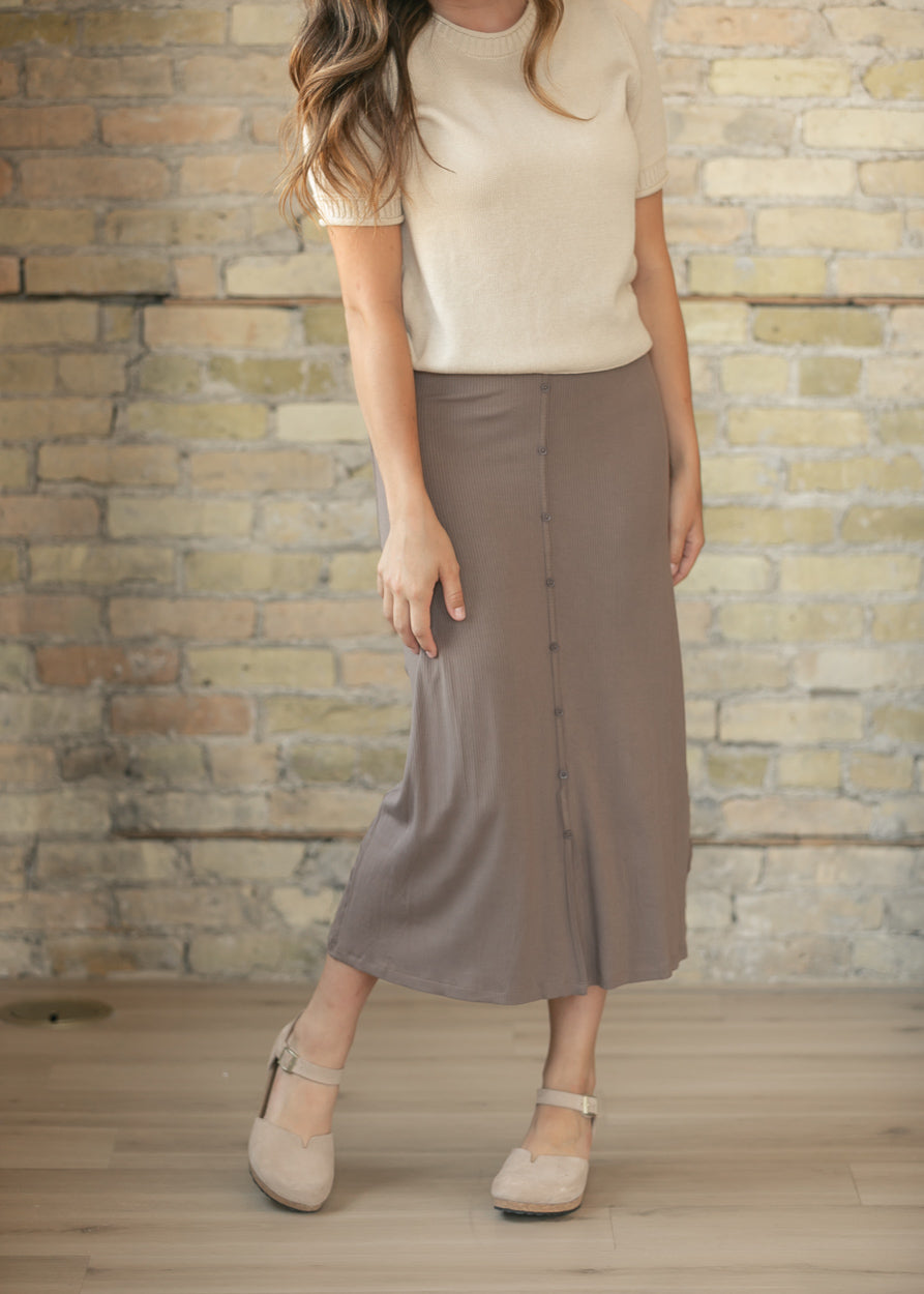 Essential Chocolate Ribbed Midi Skirt IC Skirts