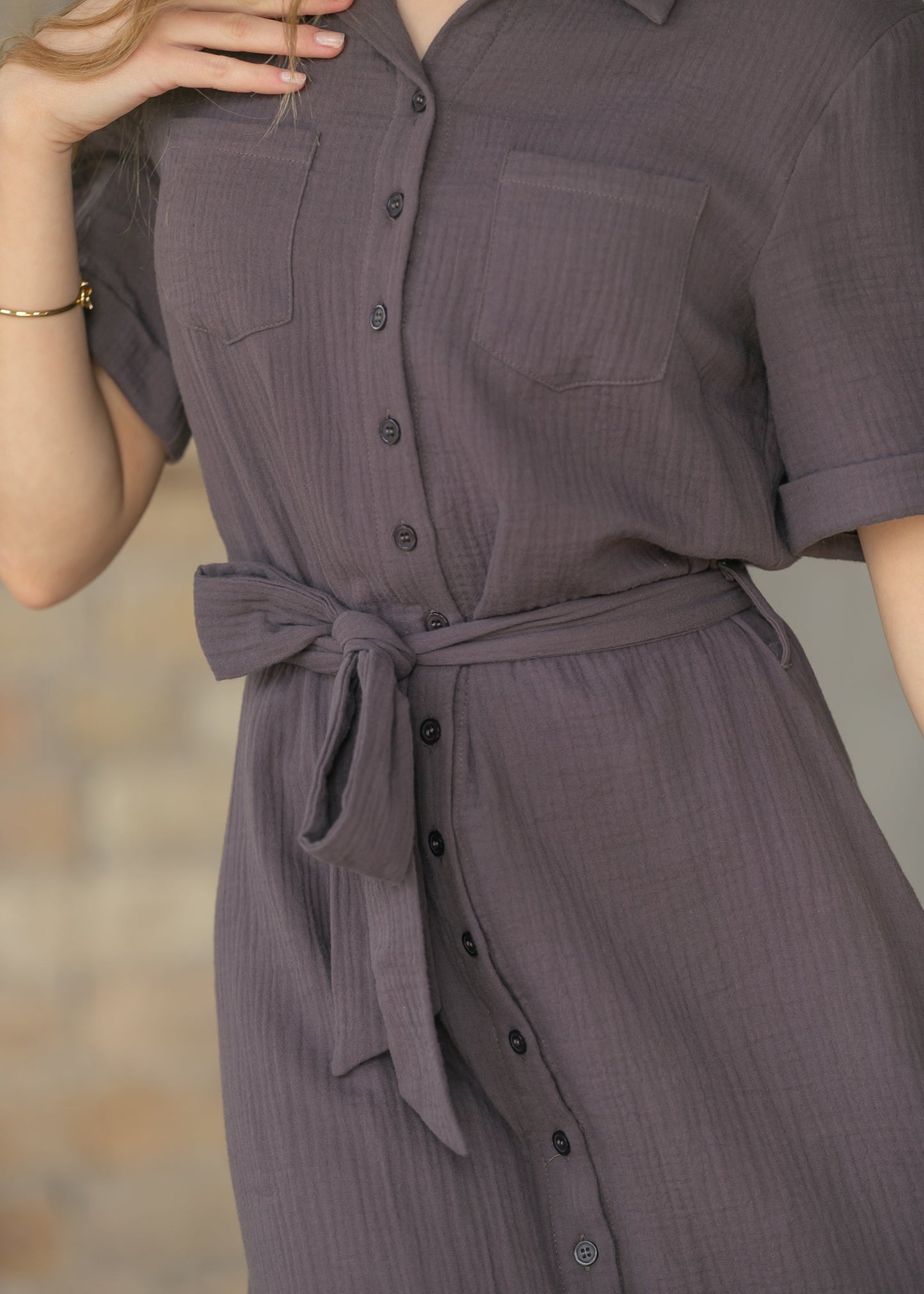 Essential Chocolate Short Sleeve Gauze Shirt Dress IC Dresses