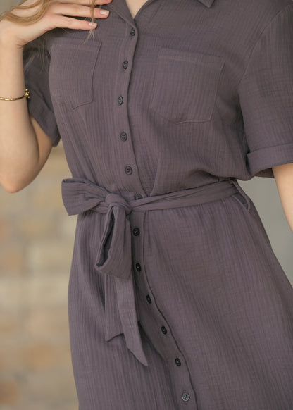 Essential Chocolate Short Sleeve Gauze Shirt Dress IC Dresses