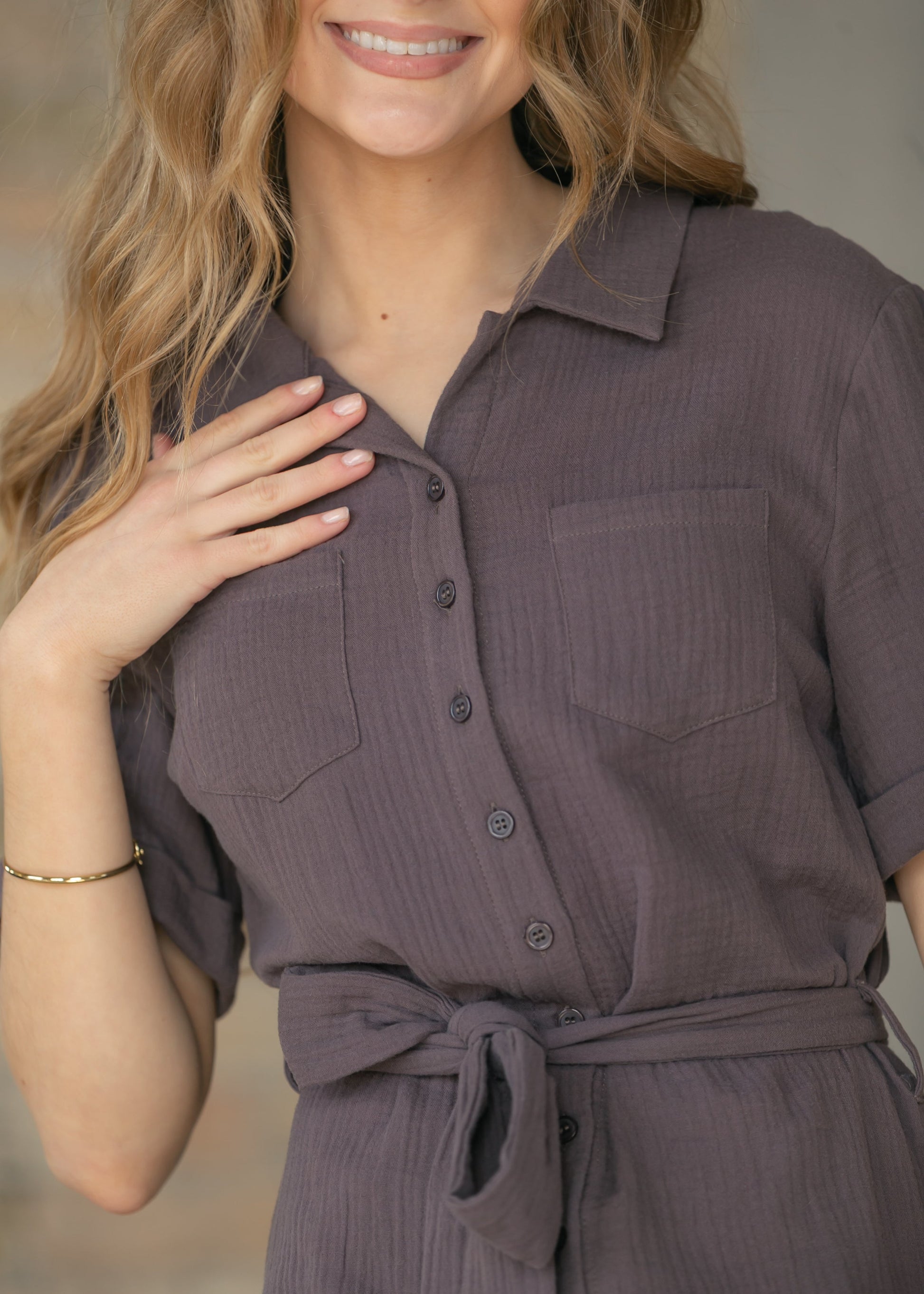Essential Chocolate Short Sleeve Gauze Shirt Dress IC Dresses