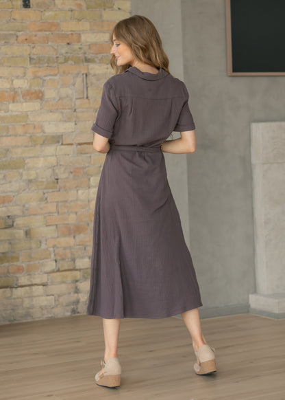 Essential Chocolate Short Sleeve Gauze Shirt Dress IC Dresses