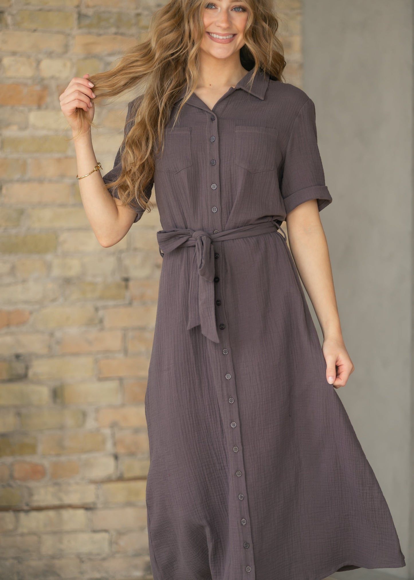 Essential Chocolate Short Sleeve Gauze Shirt Dress IC Dresses