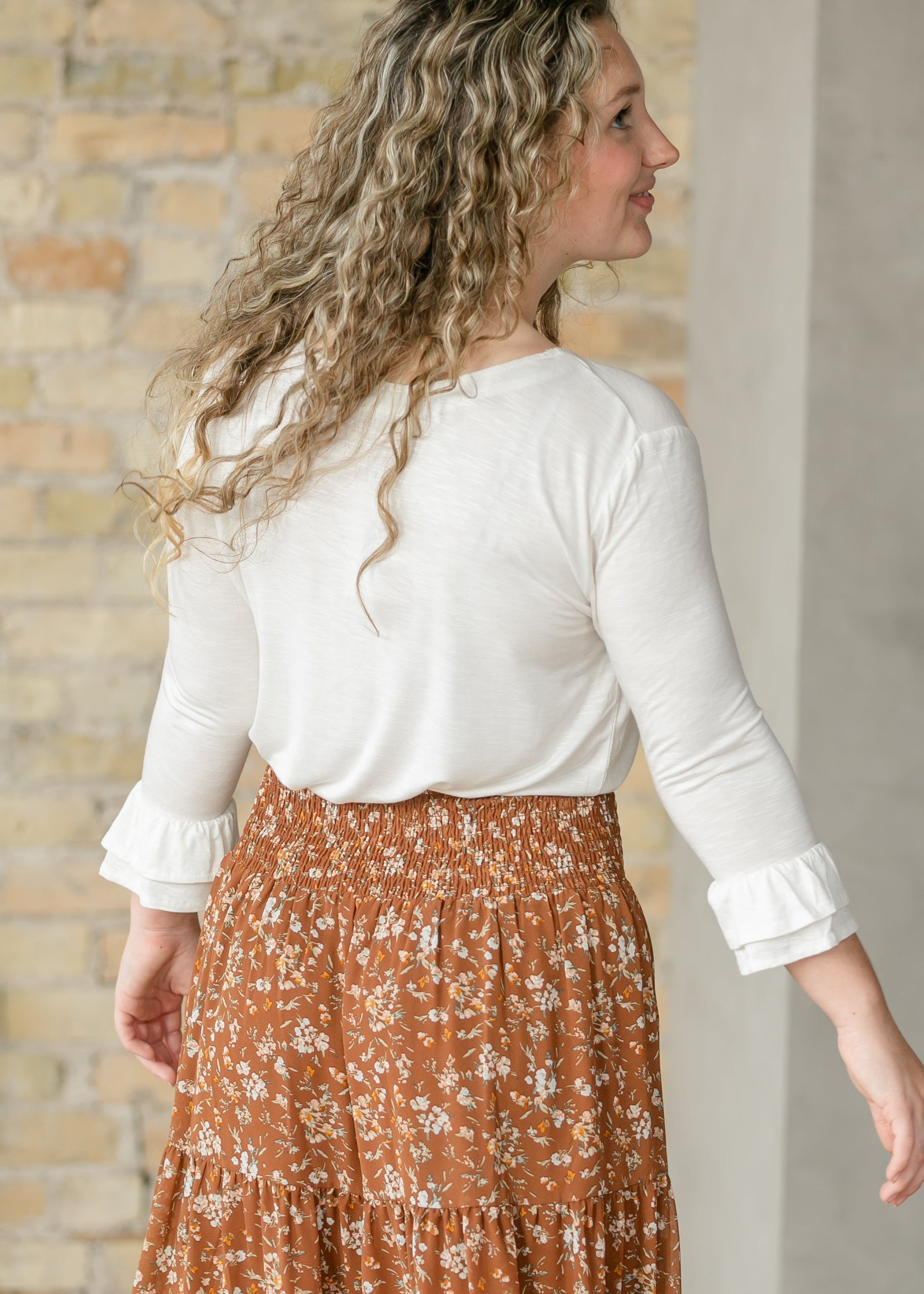 Essential Ivory Ruffled 3/4 Sleeve Top IC Tops