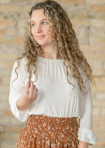 Essential Ivory Ruffled 3/4 Sleeve Top IC Tops