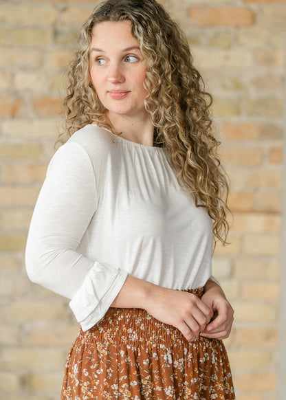 Essential Ivory Ruffled 3/4 Sleeve Top IC Tops