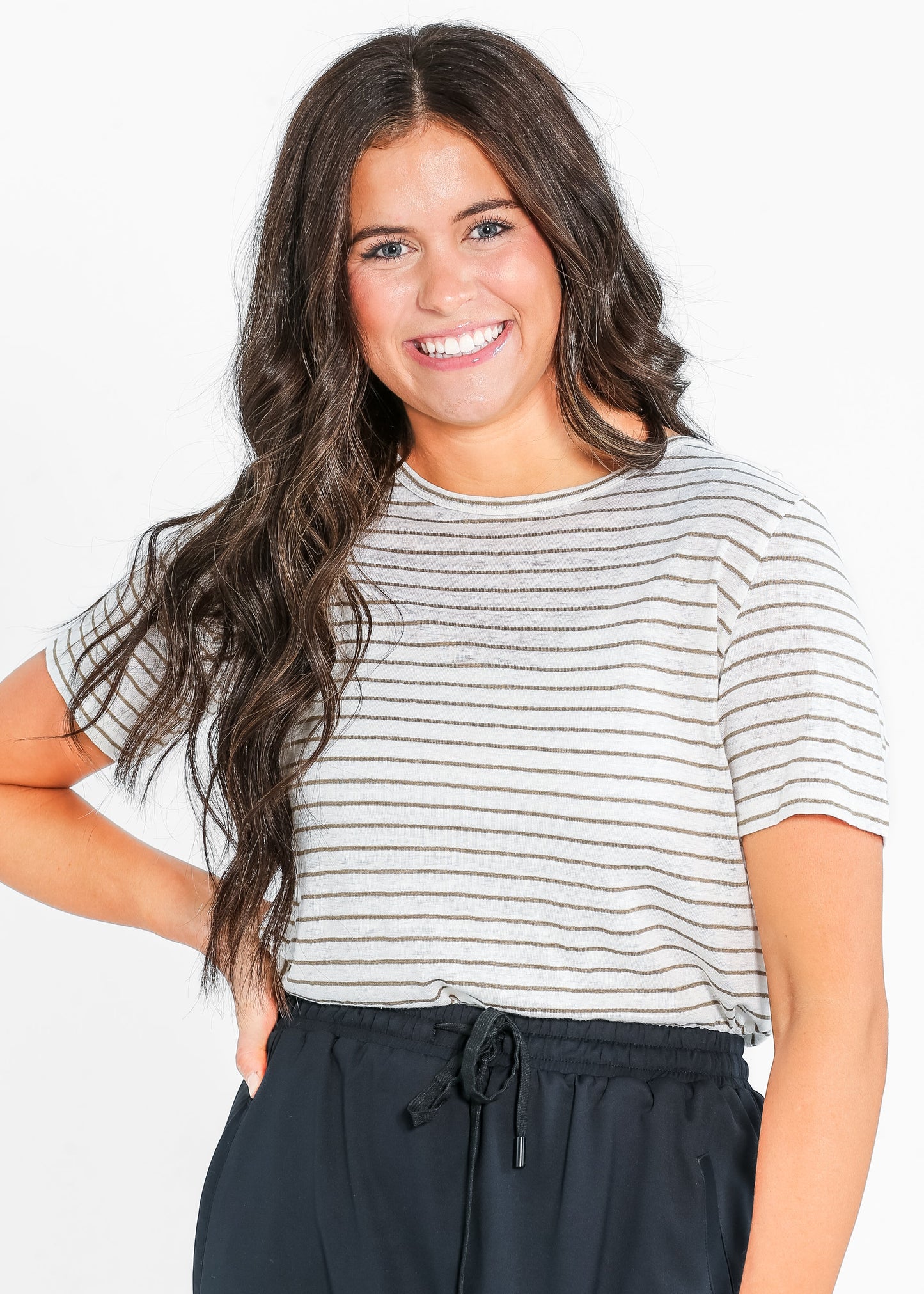 Essential Linen Short Sleeve Tee IC Tops Taupe/White Stripe / XS