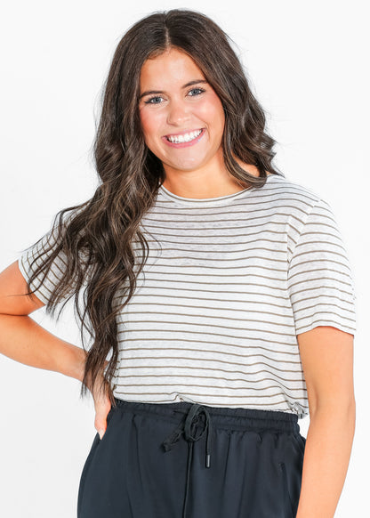 Essential Linen Short Sleeve Tee IC Tops Taupe/White Stripe / XS