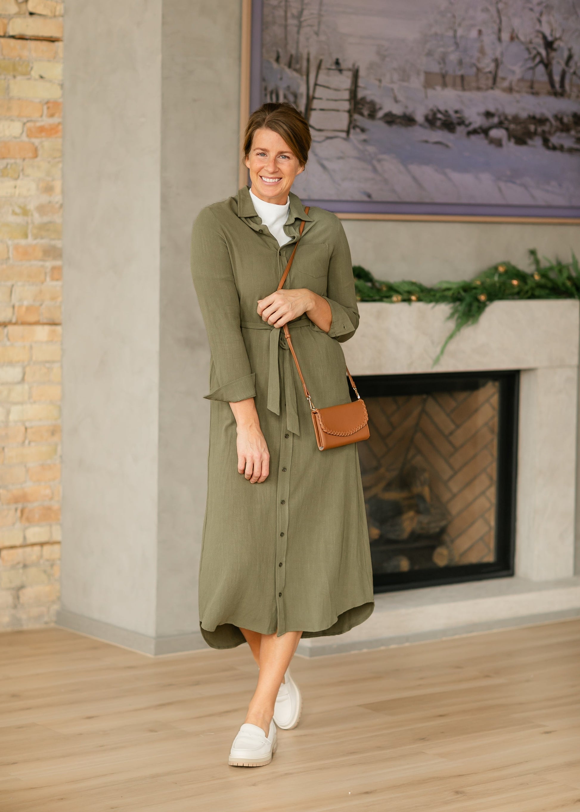 Essential Olive Long Sleeve Linen Shirt Dress, XX Large Essential Olive Long Sleeve Linen Shirt Dress, XX Large