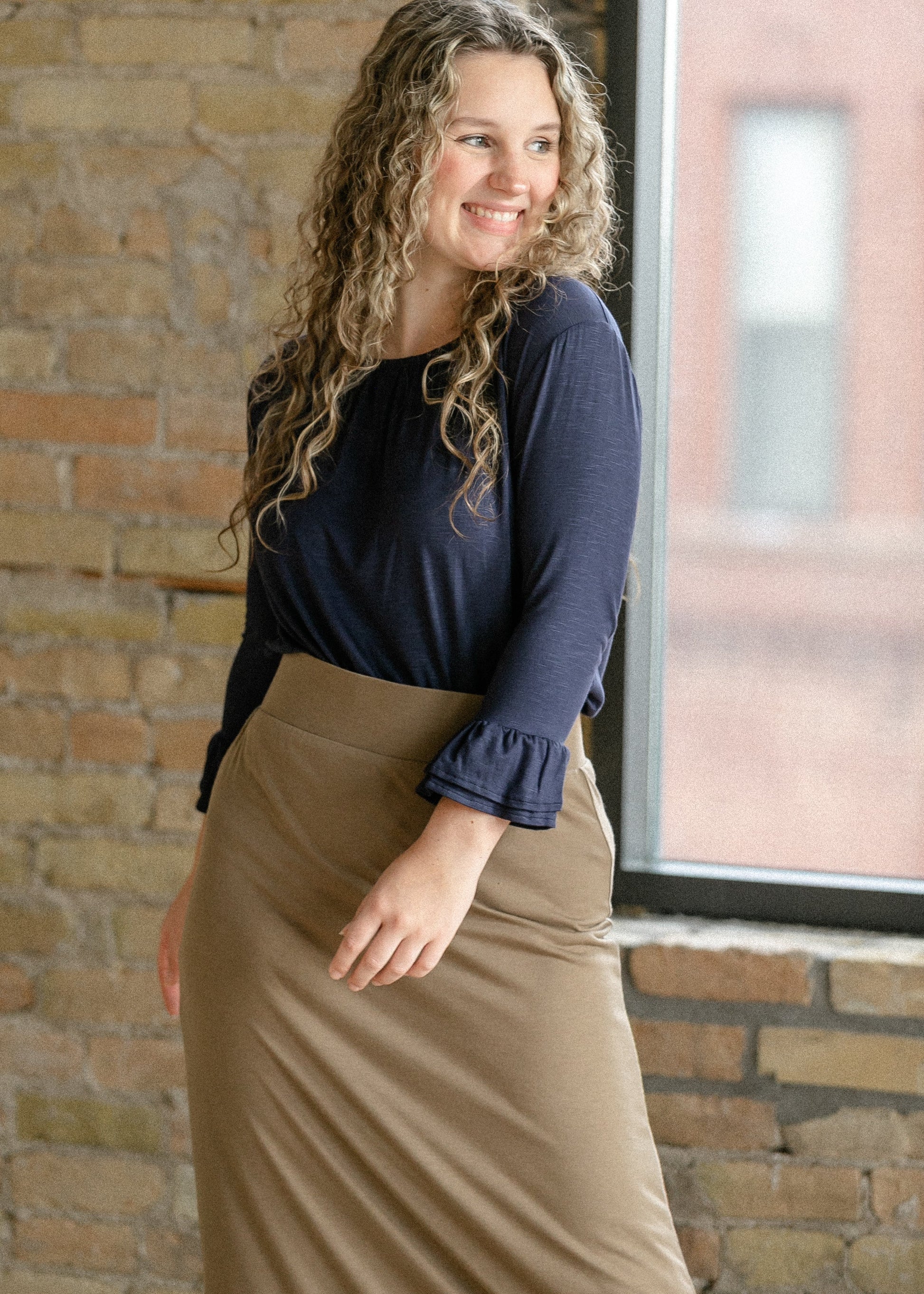 Essential Navy Ruffled 3/4 Sleeve Top IC Tops