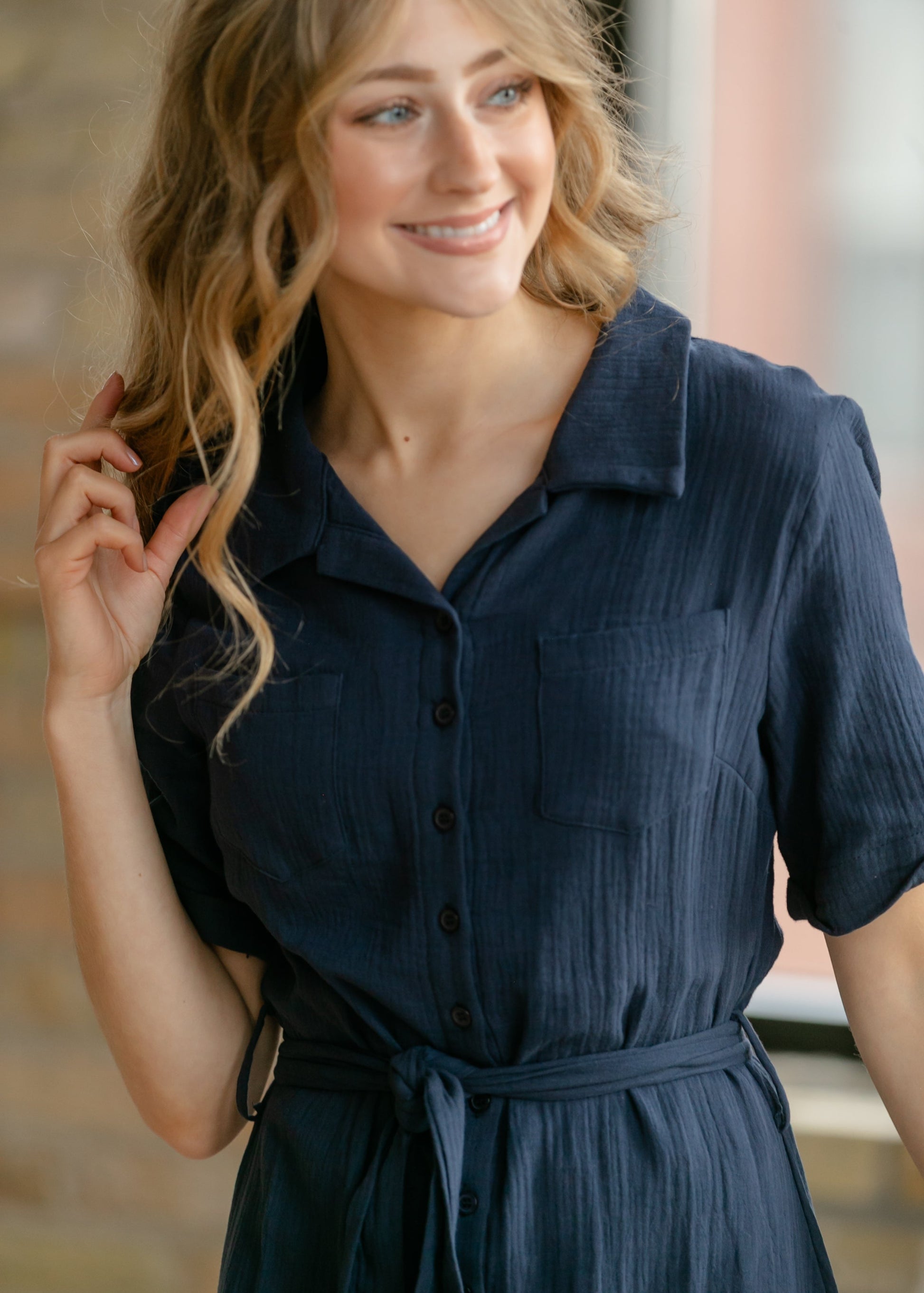 Essential Navy Short Sleeve Gauze Shirt Dress, Small Essential Navy Short Sleeve Gauze Shirt Dress, Small