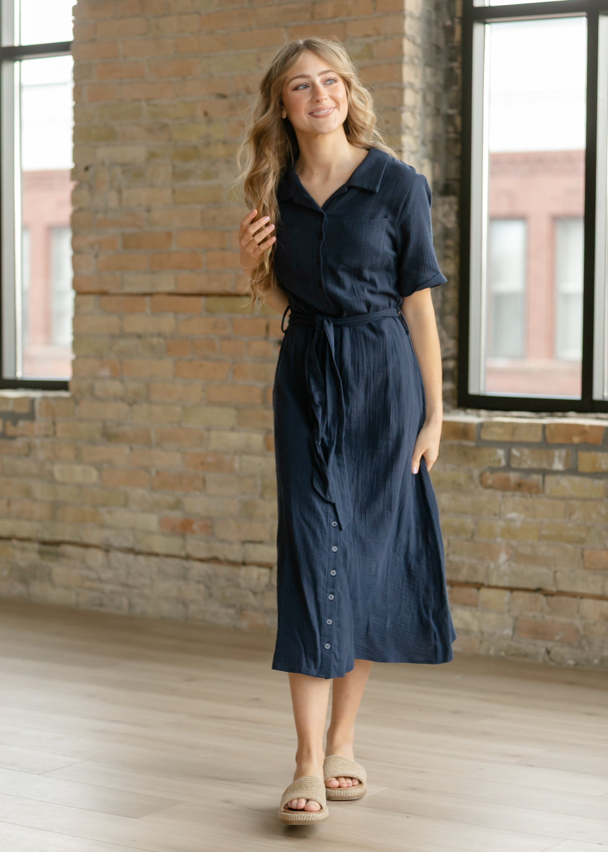 Essential Navy Short Sleeve Gauze Shirt Dress, Small Essential Navy Short Sleeve Gauze Shirt Dress, Small
