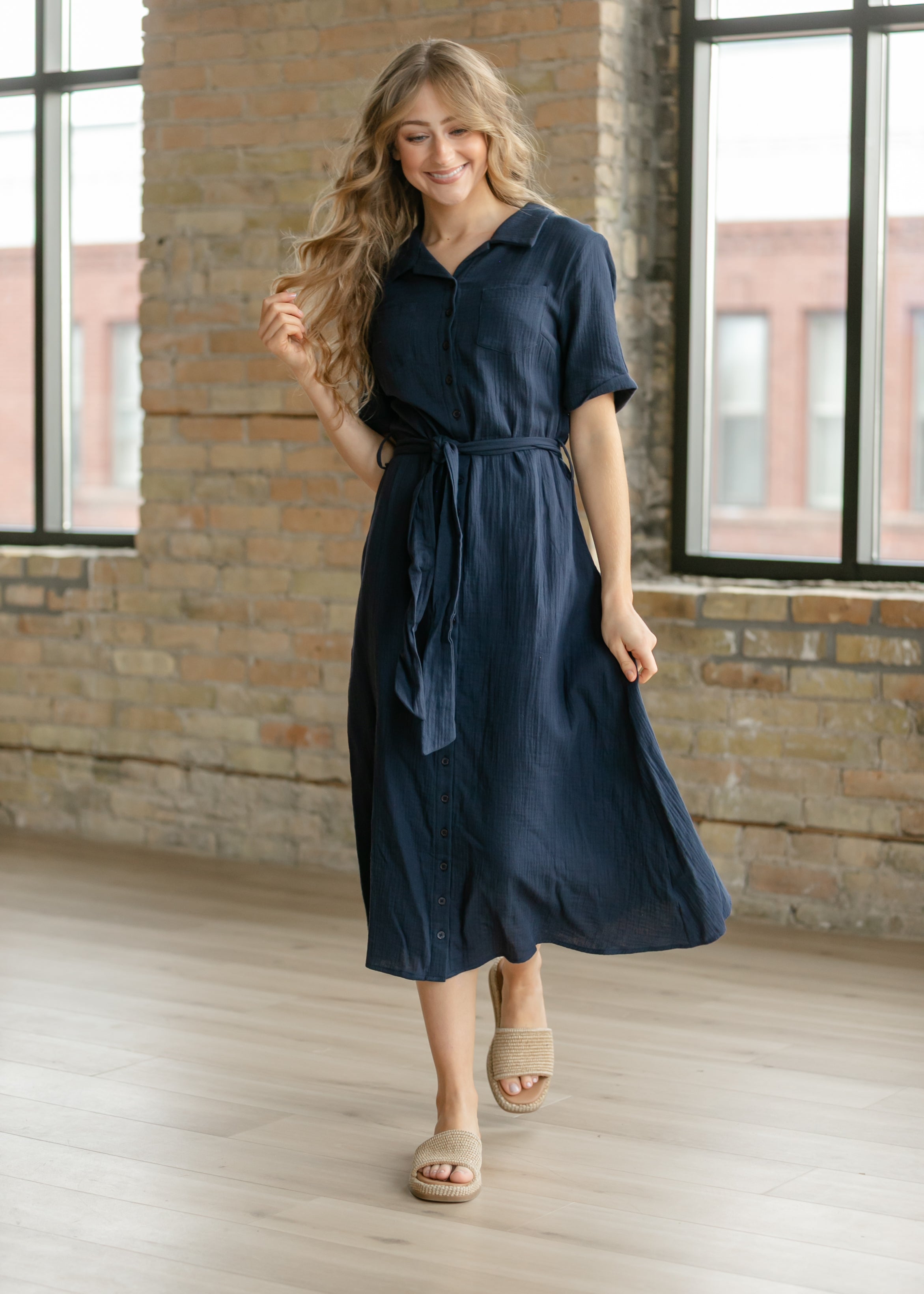 9SHOP EVERYDAY shirt DRESS ネイビー Essential Navy Short Sleeve Gauze Shirt Dress – Inherit Co.