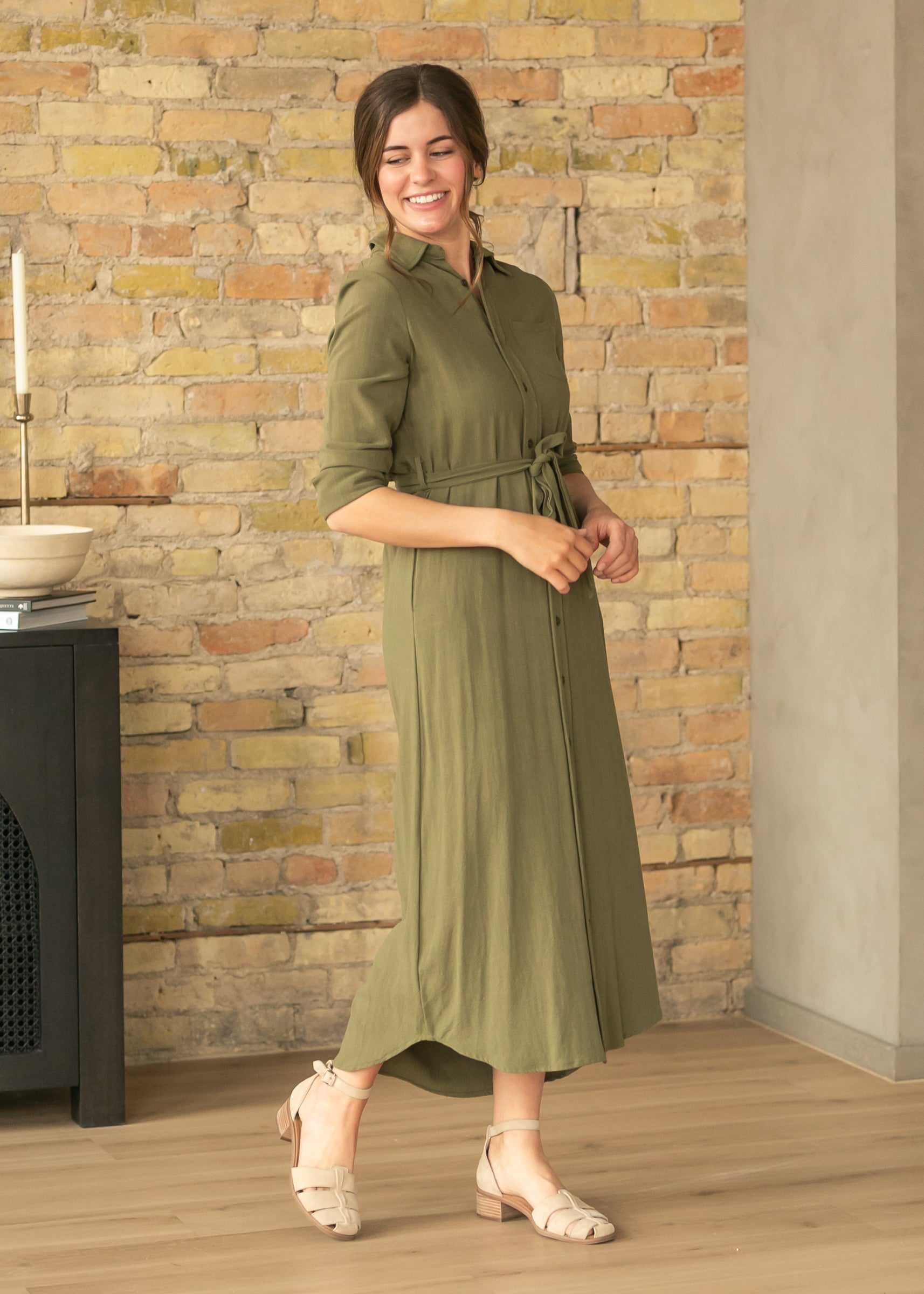 Essential Olive Long Sleeve Linen Shirt Dress IC Dresses
