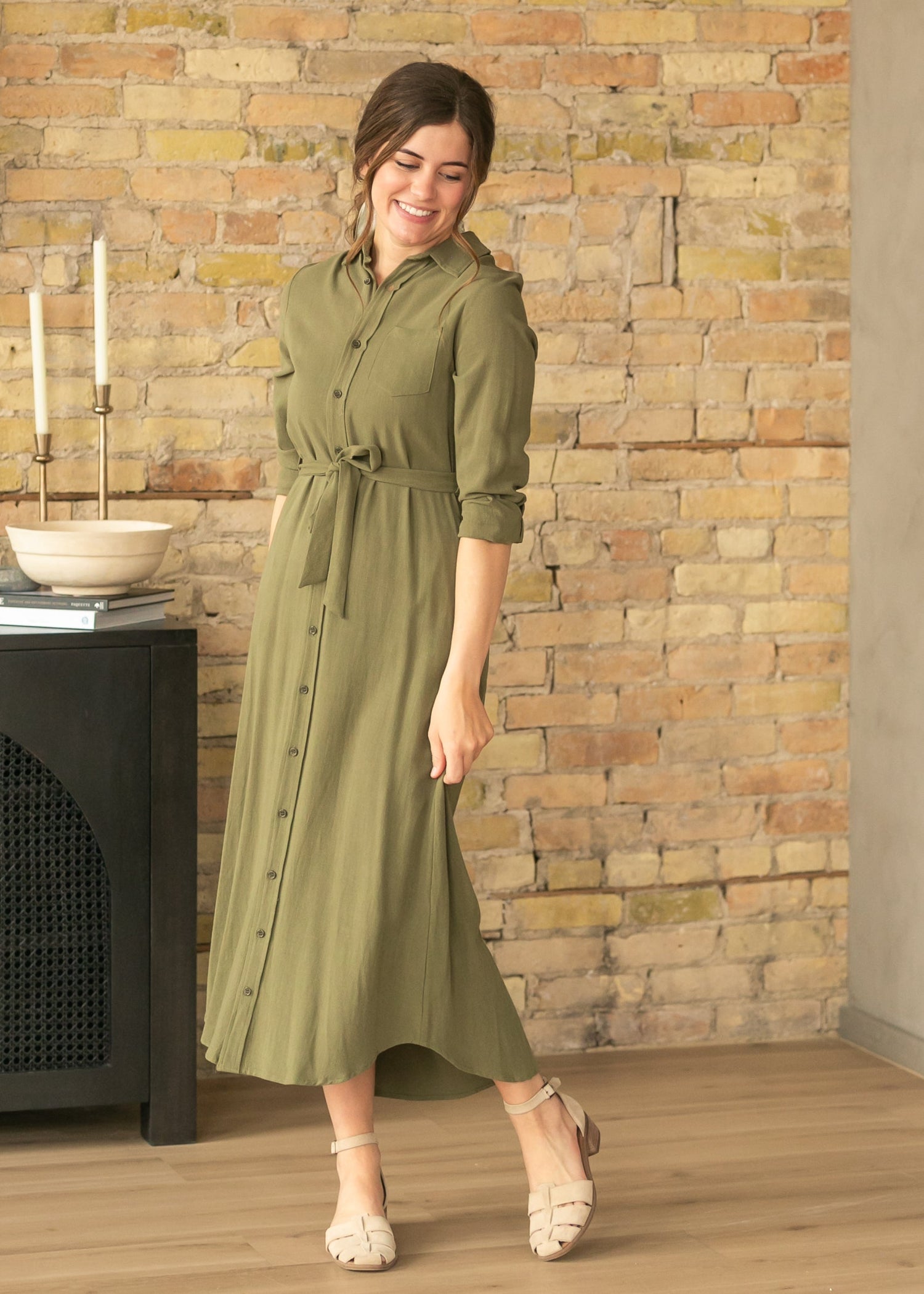 Essential Olive Long Sleeve Linen Shirt Dress IC Dresses