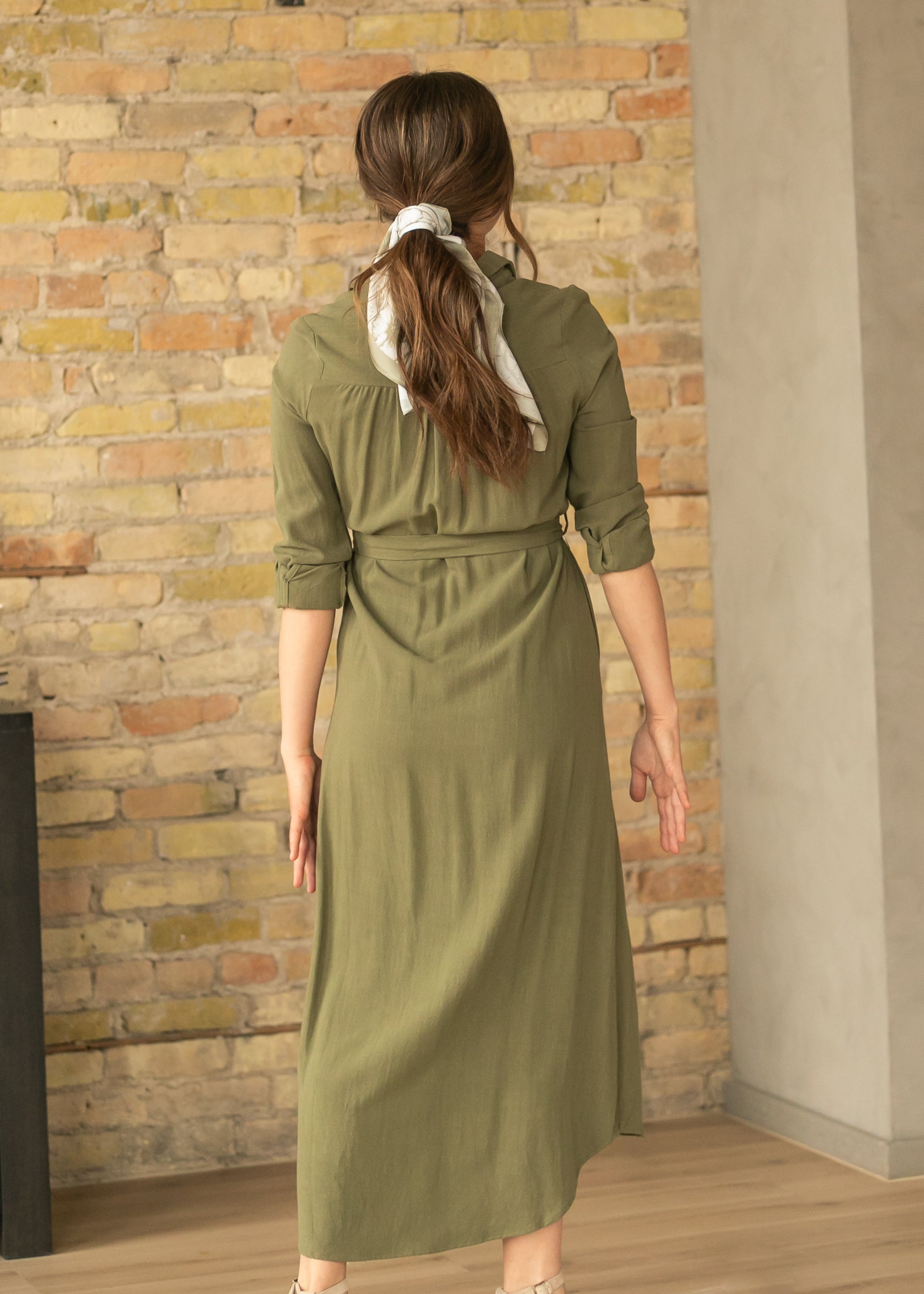 Essential Olive Long Sleeve Linen Shirt Dress IC Dresses