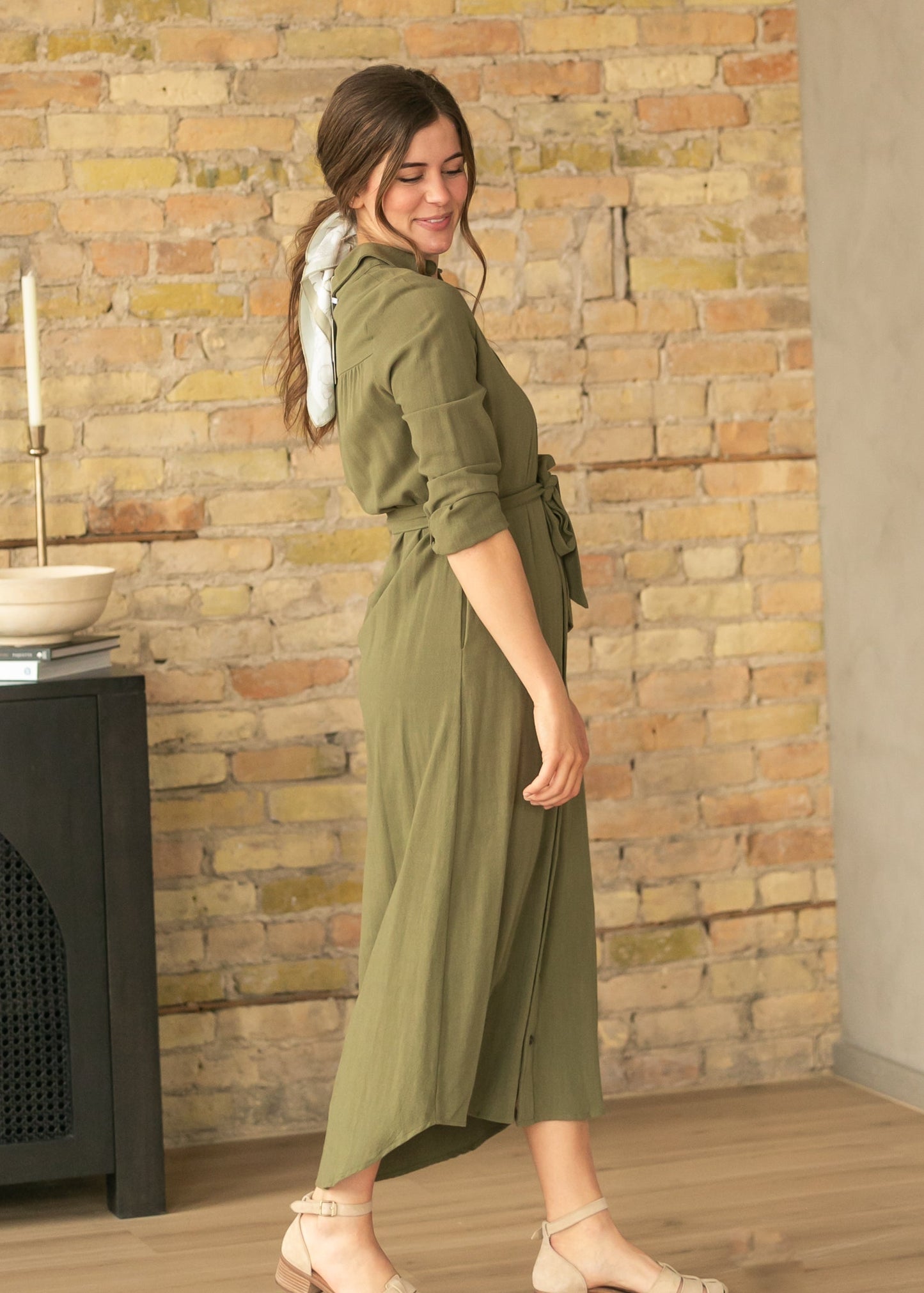 Essential Olive Long Sleeve Linen Shirt Dress IC Dresses
