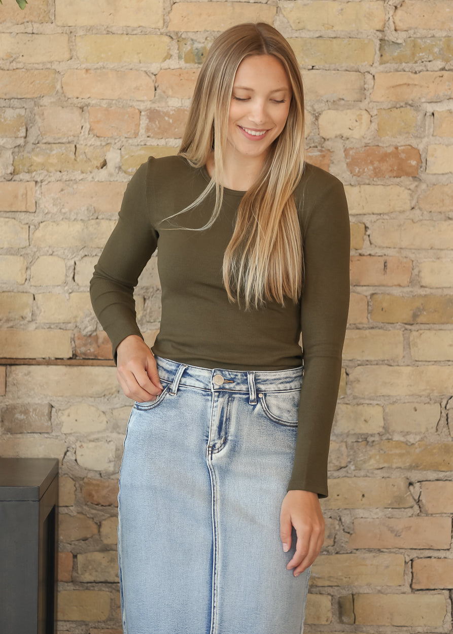 Essential Olive Ribbed Long Sleeve IC Tops