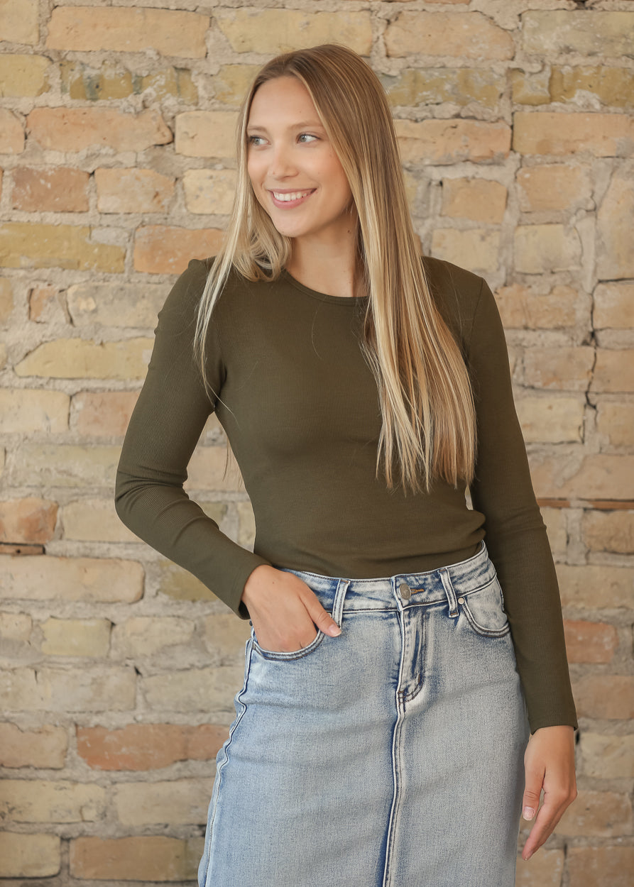 Essential Olive Ribbed Long Sleeve IC Tops