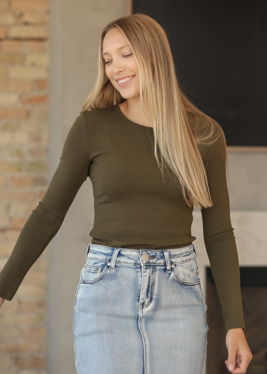 Essential Olive Ribbed Long Sleeve IC Tops