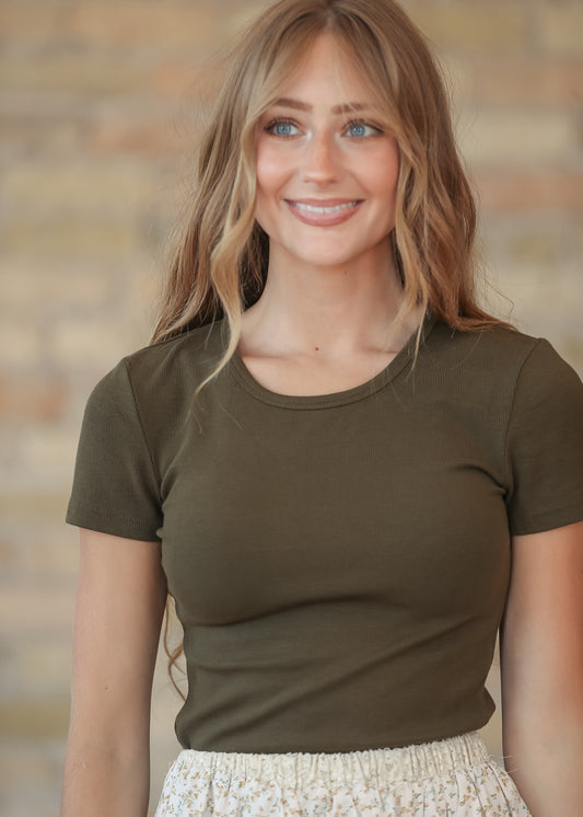 Essential Olive Ribbed Short Sleeve Tee IC Tops