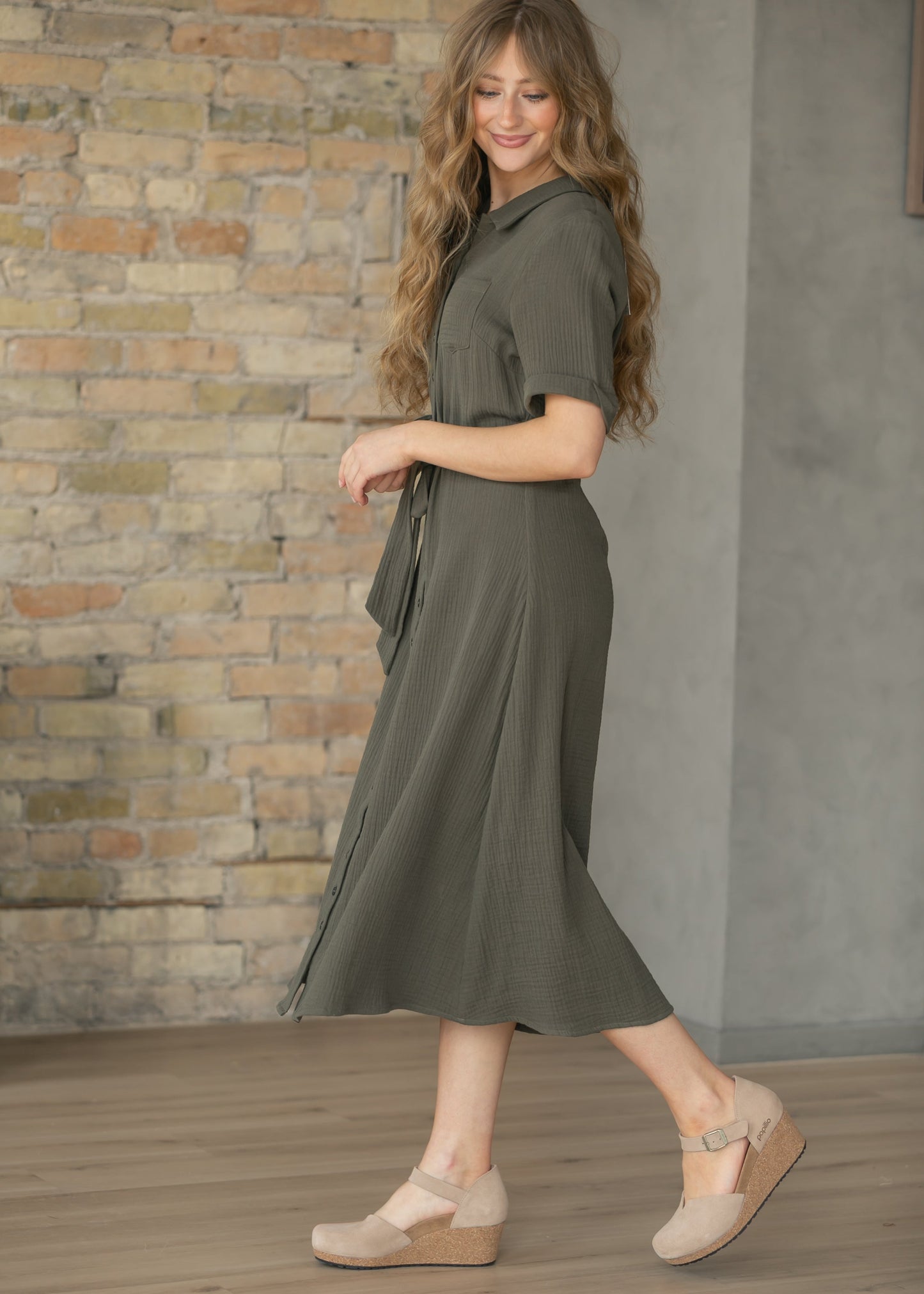 Essential Olive Short Sleeve Gauze Shirt Dress IC Dresses