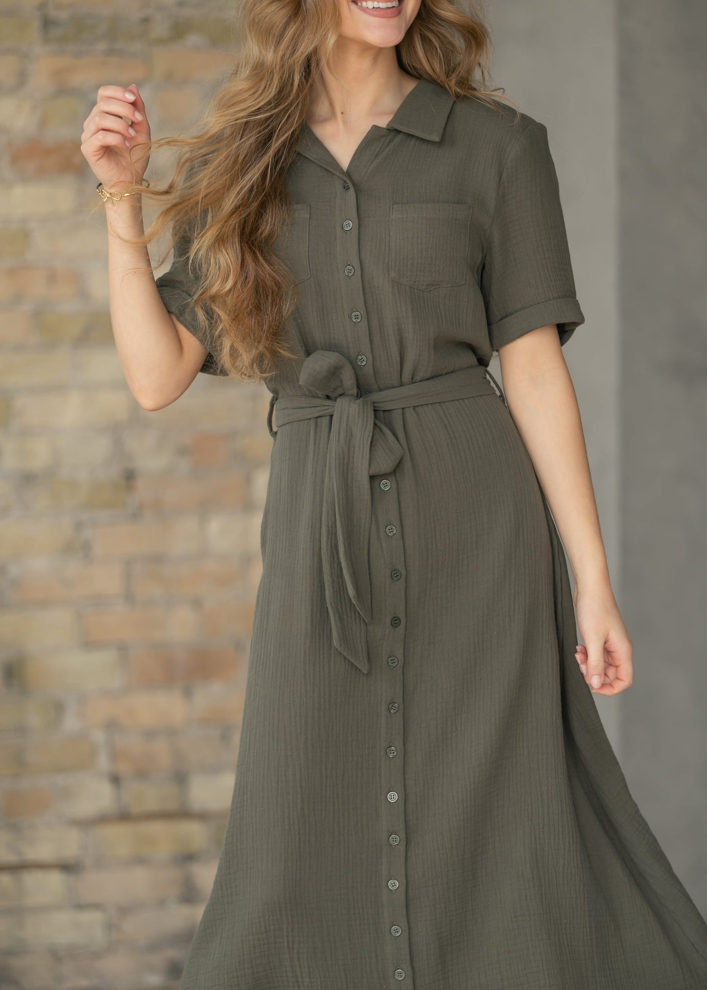 Essential Olive Short Sleeve Gauze Shirt Dress IC Dresses