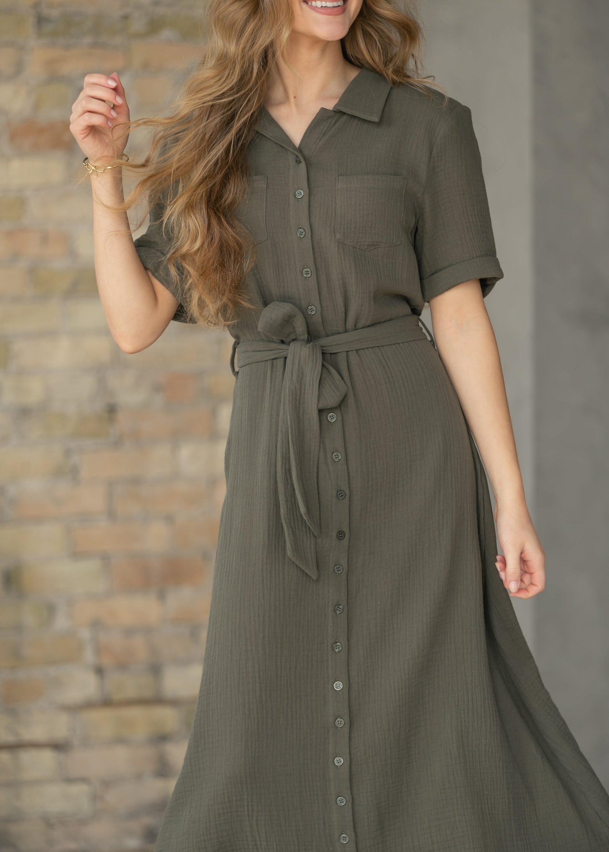 Essential Olive Short Sleeve Gauze Shirt Dress IC Dresses