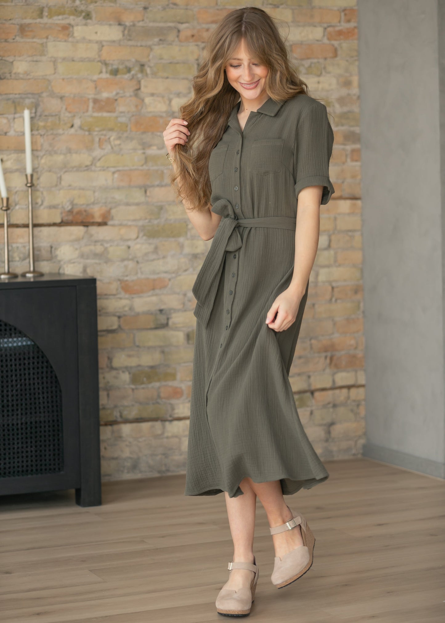 Essential Olive Short Sleeve Gauze Shirt Dress IC Dresses