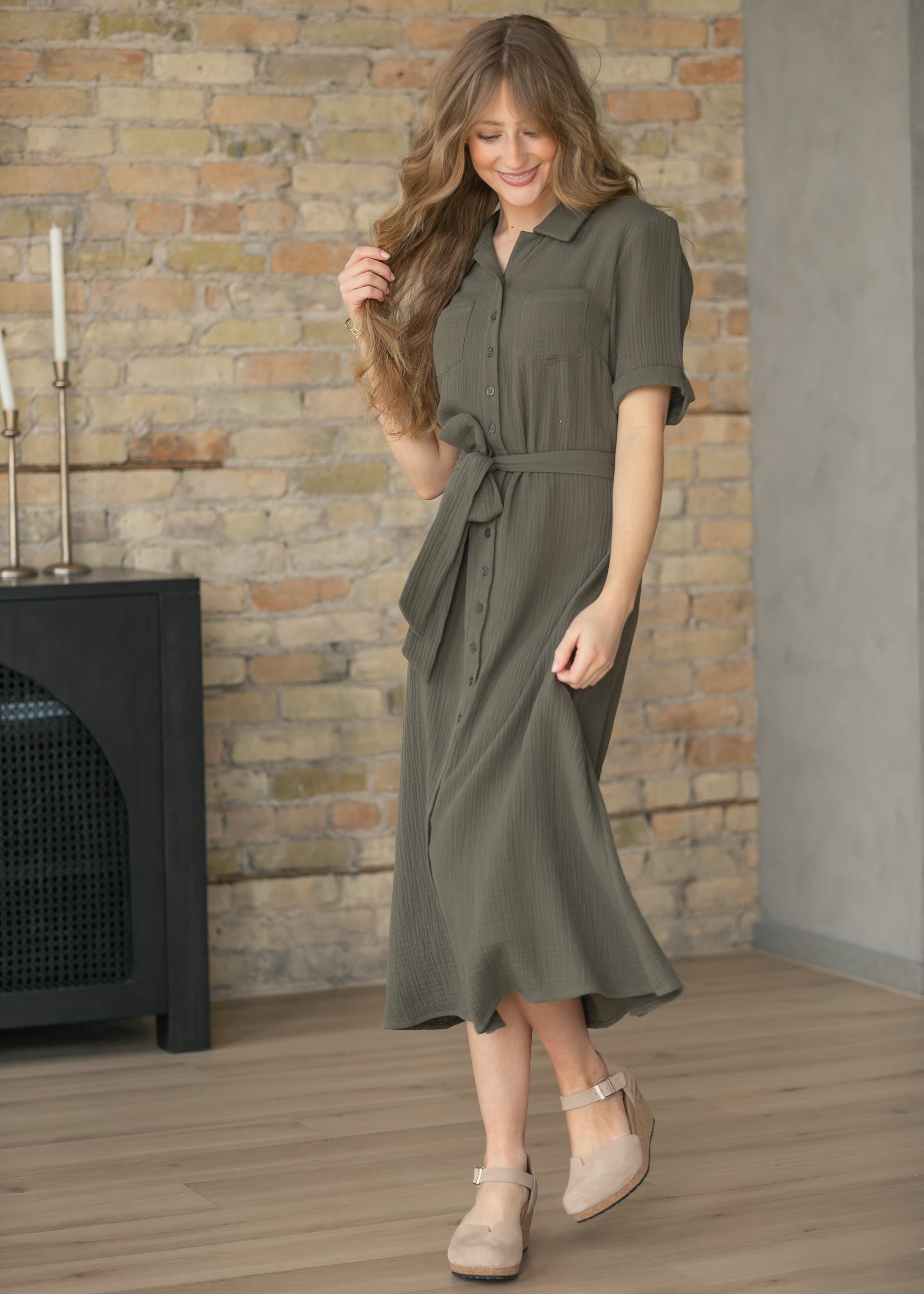 Essential Olive Short Sleeve Gauze Shirt Dress IC Dresses
