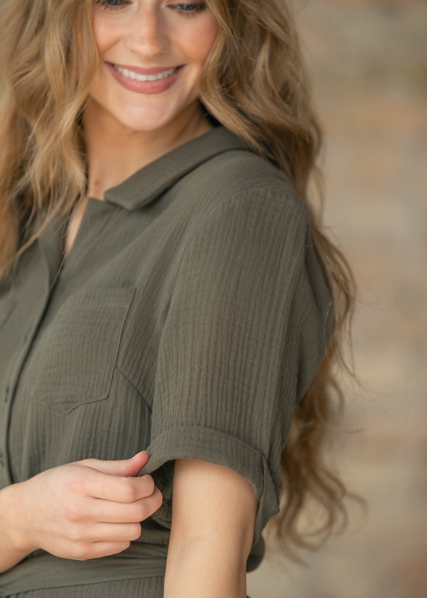 Essential Olive Short Sleeve Gauze Shirt Dress IC Dresses
