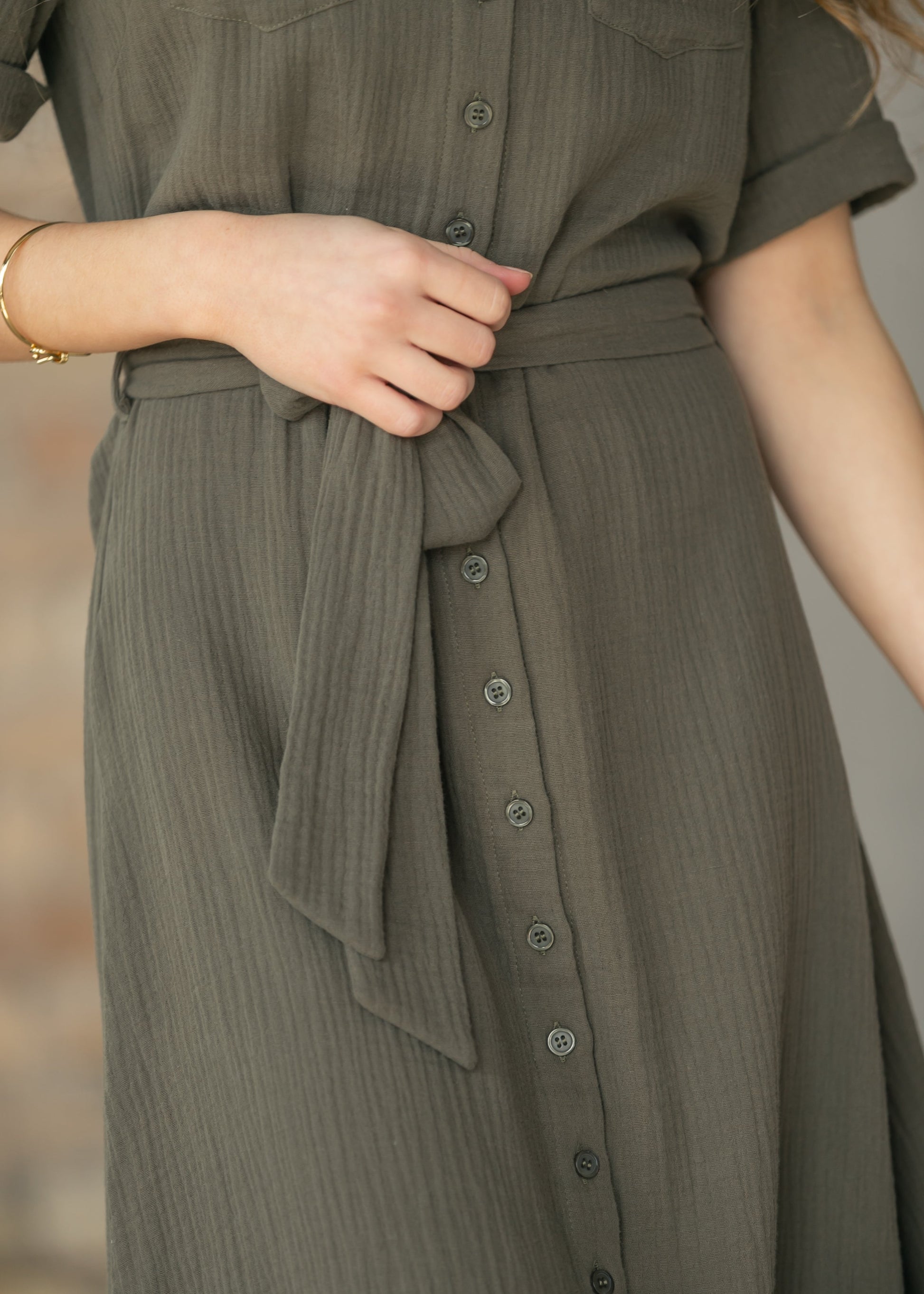 Essential Olive Short Sleeve Gauze Shirt Dress IC Dresses