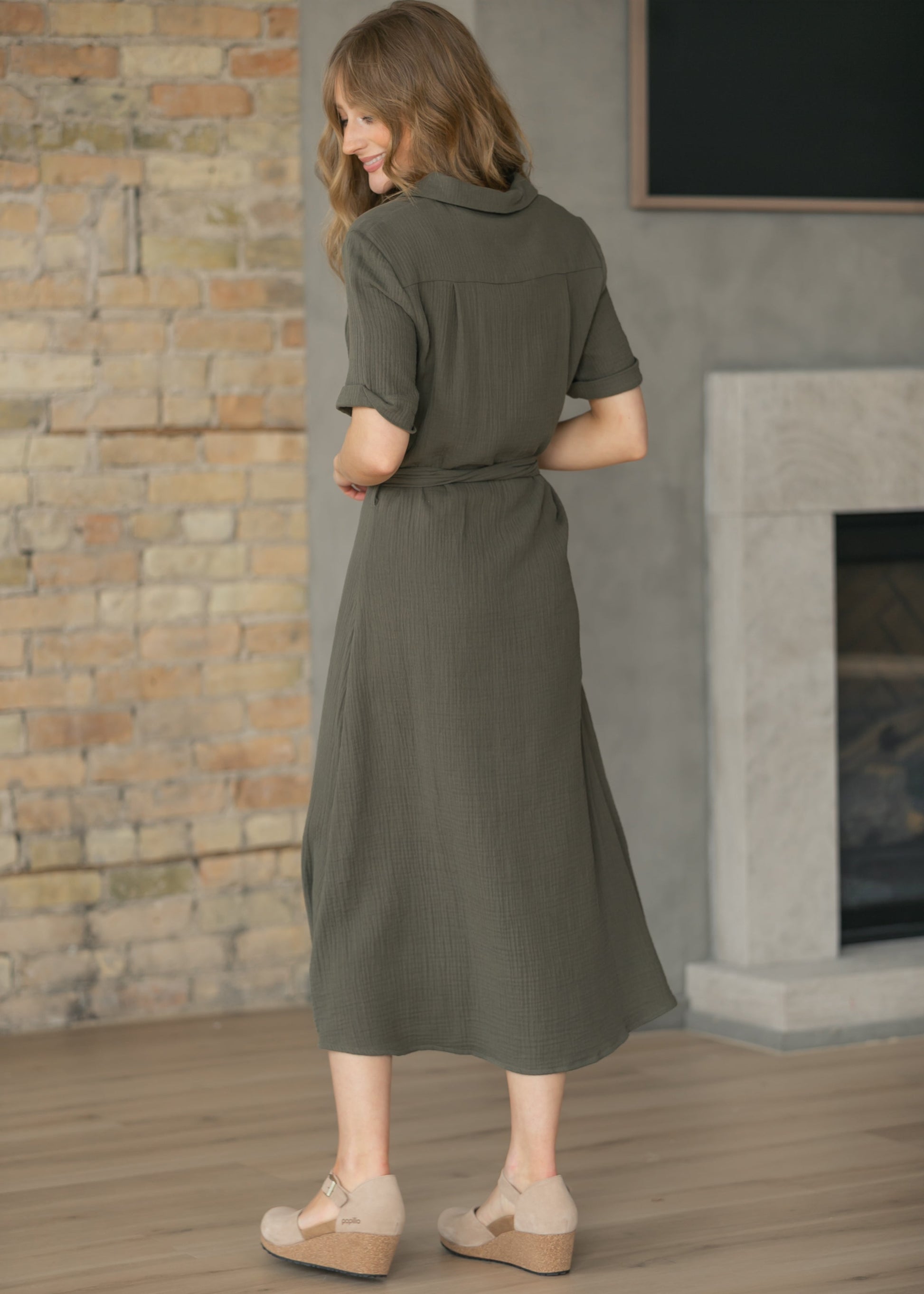Essential Olive Short Sleeve Gauze Shirt Dress IC Dresses