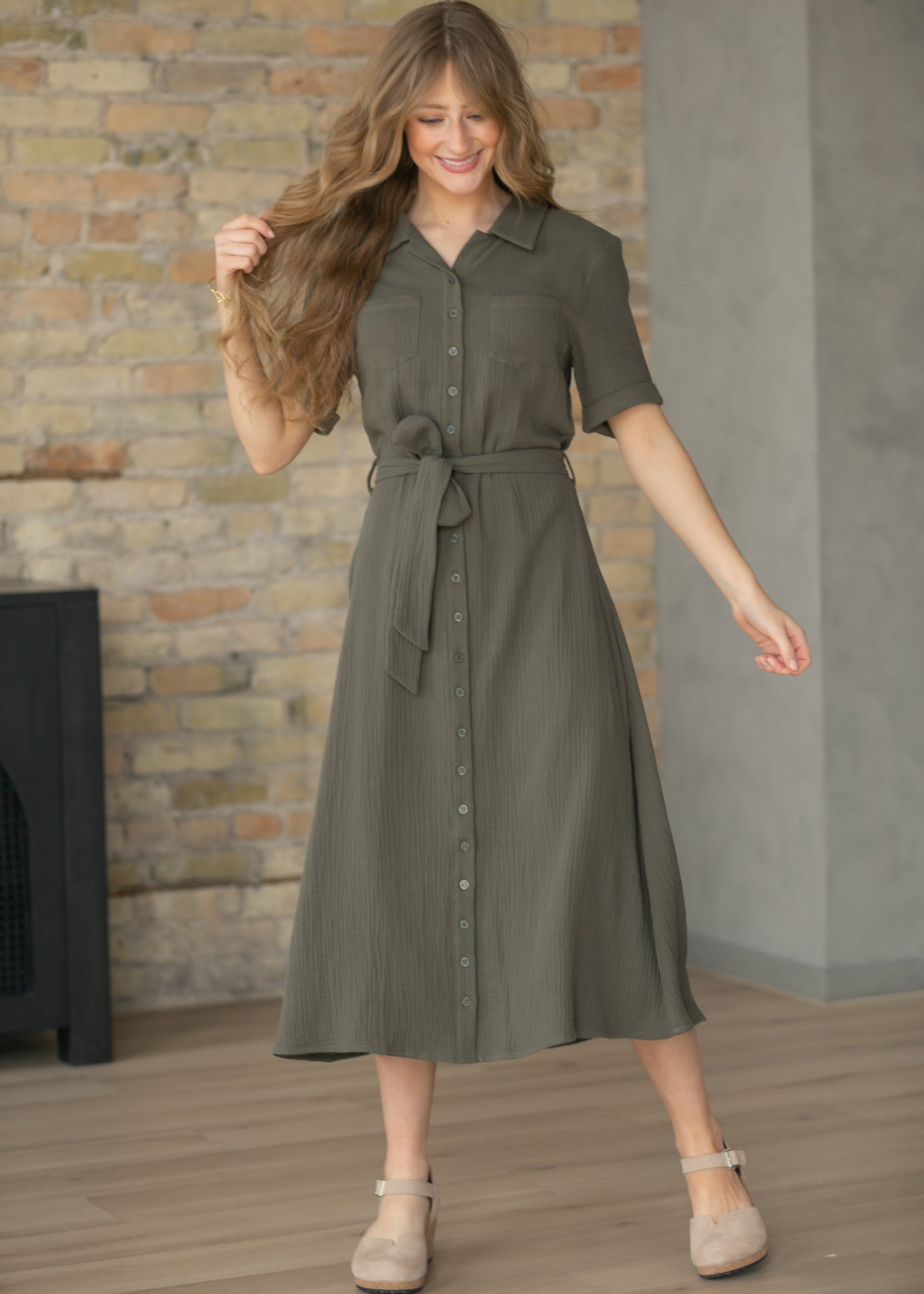 Essential Olive Short Sleeve Gauze Shirt Dress IC Dresses XS